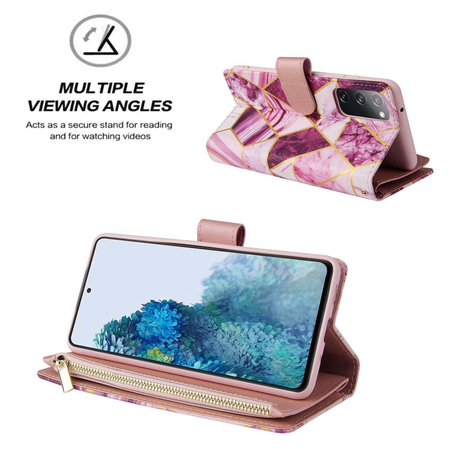 DEFBSC Zipper PU Marble Case for Samsung Galaxy S20 FE 5G,Wallet Case with Card Slots Wrist Strap, Magnetic Closure Kickstand Function Full-Body Protective Cover for S20 Fan Edition 5G 6.5"-Purple 4