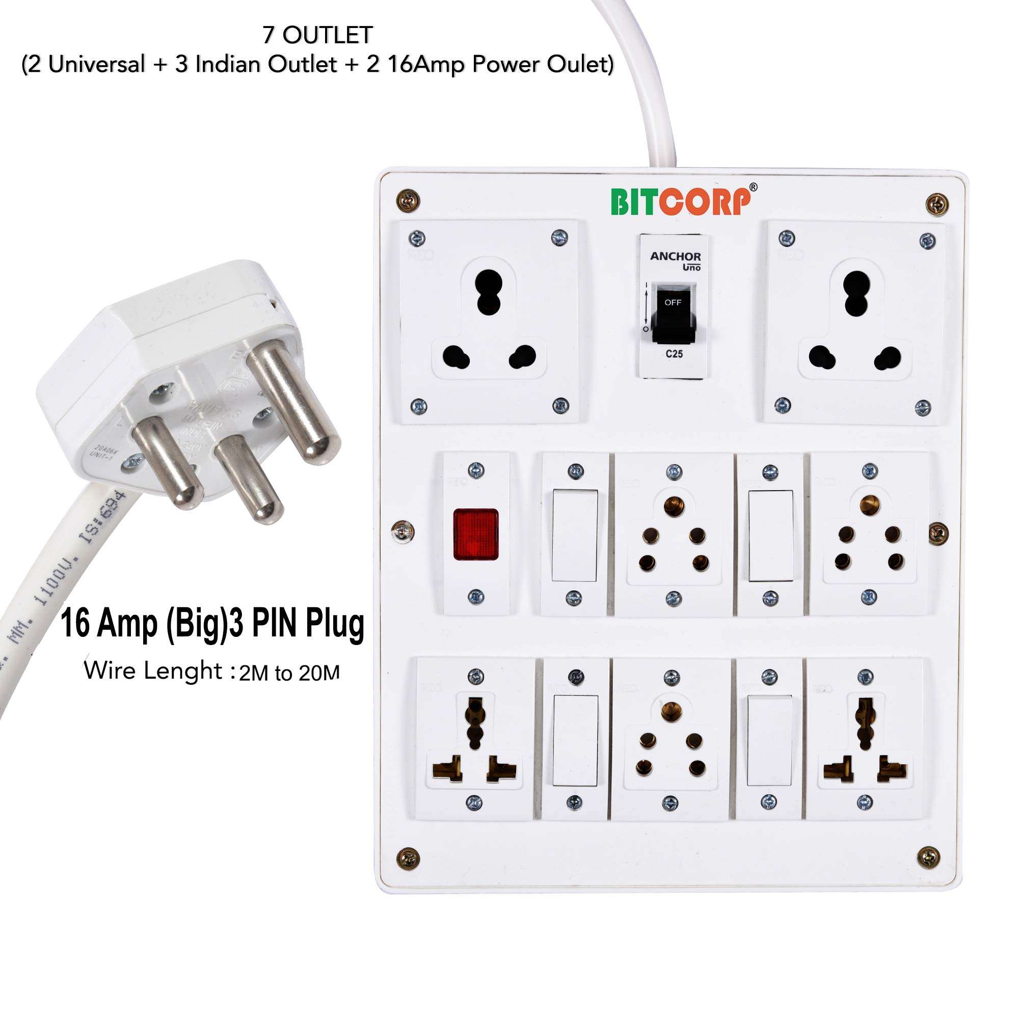 BITCORP Extension Cord(3500W) 6A 16A 20A Spike Guard Thermal Protection 4 Way Multi Outlet 3 Pin 2 Switch Power Cord With 2 Meter Long Wire Cable Suitable For Small&Heavy Duty Appliance,220 Volts 3