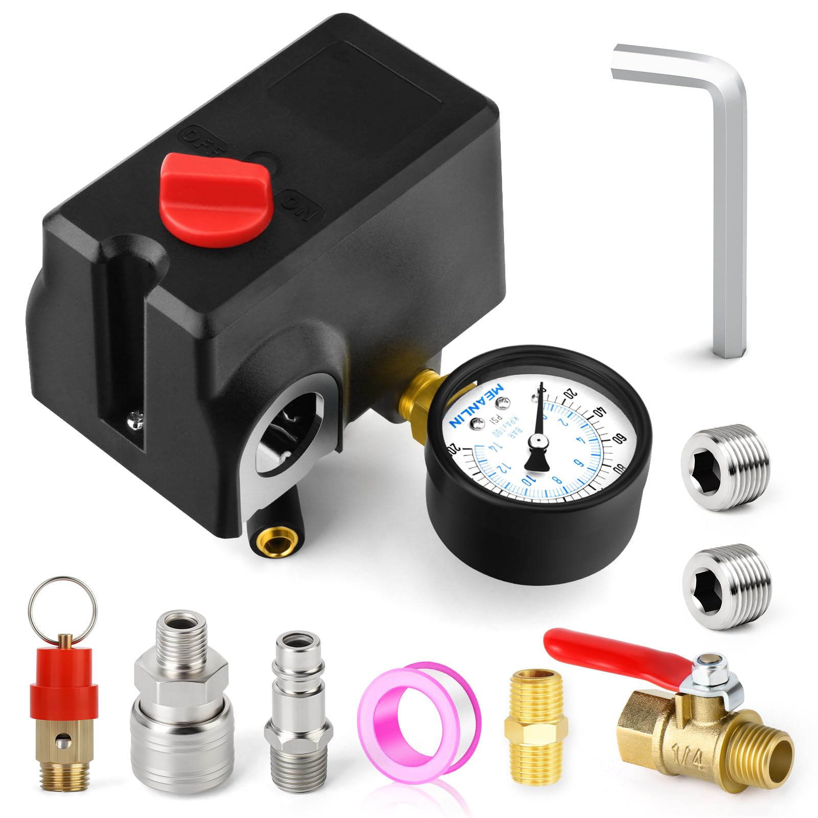 MEANLIN MEASURE Air Compressor Pressure Switch Control Valve 120-155 PSI 110V-240V 4-way Lateral Port Replacement Parts With 0-200 Psi Pressure gauge and Safety Pressure Relief Valve