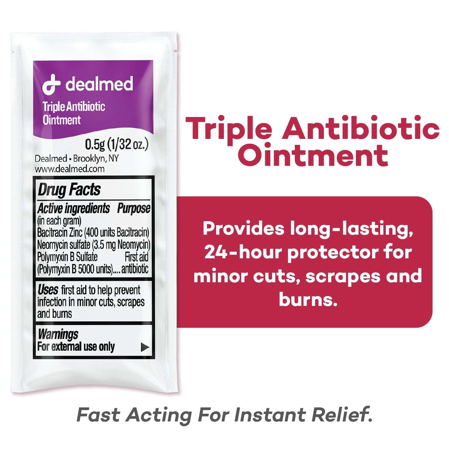 Dealmed Triple Antibiotic Ointment – Made in The USA, Single-Use Packets for Instant Relief from Cuts, Scrapes and Burns, 144 Packets/Box (.5g) - Pack of 1 4