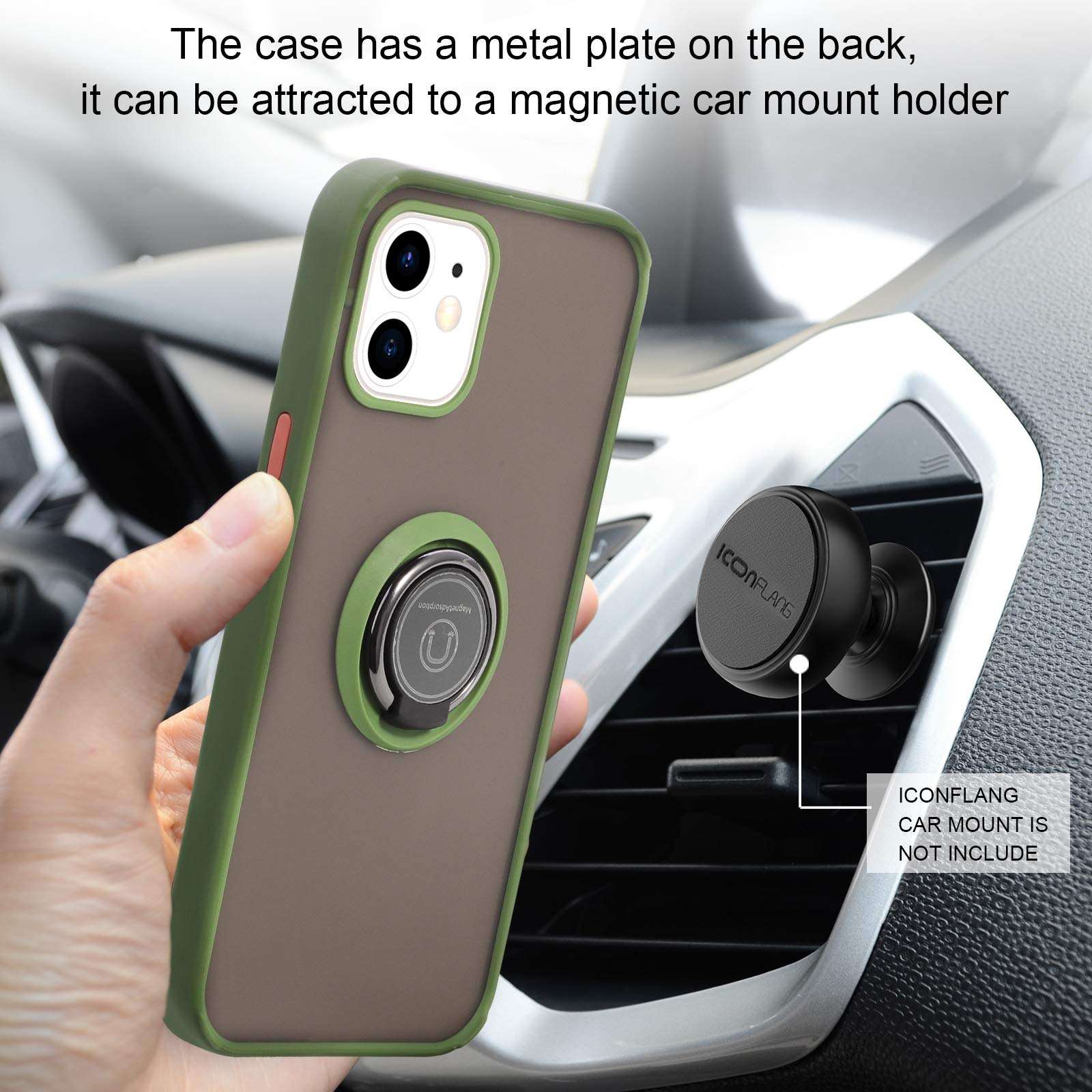 ICONFLANG Compatible with iPhone 12 Cases,360 Degree Rotating Ring Kickstand Translucent Case Shockproof Impact Protection,Support Magnetic Car Mount Holder (Green) 4