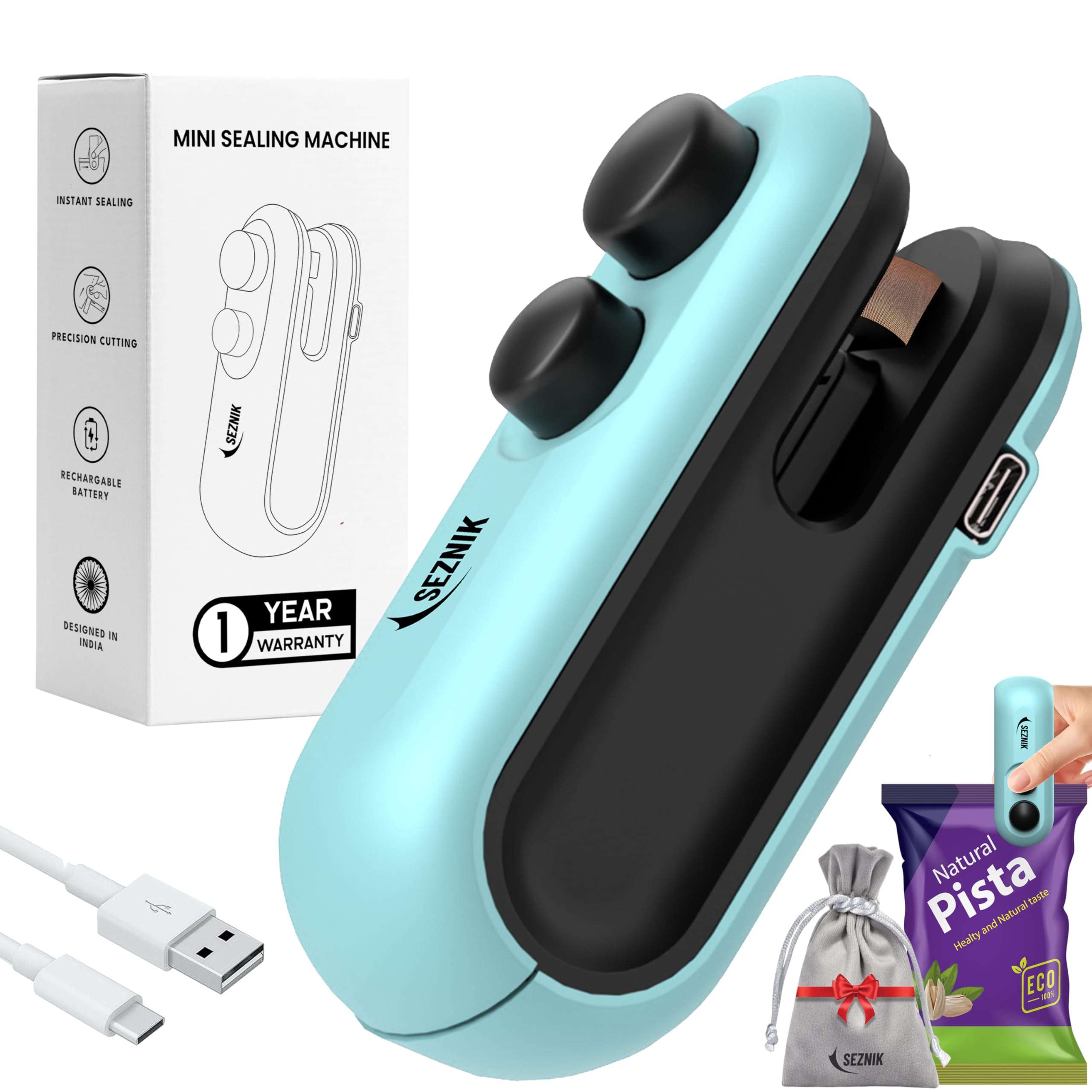 Seznik Sealing Machine for Food Packets - Portable Handheld Sealing, Snacks, Chips, Fresh Storage - Mini Sealing Machine, 1 YEAR Warranty (Dark Blue) 1