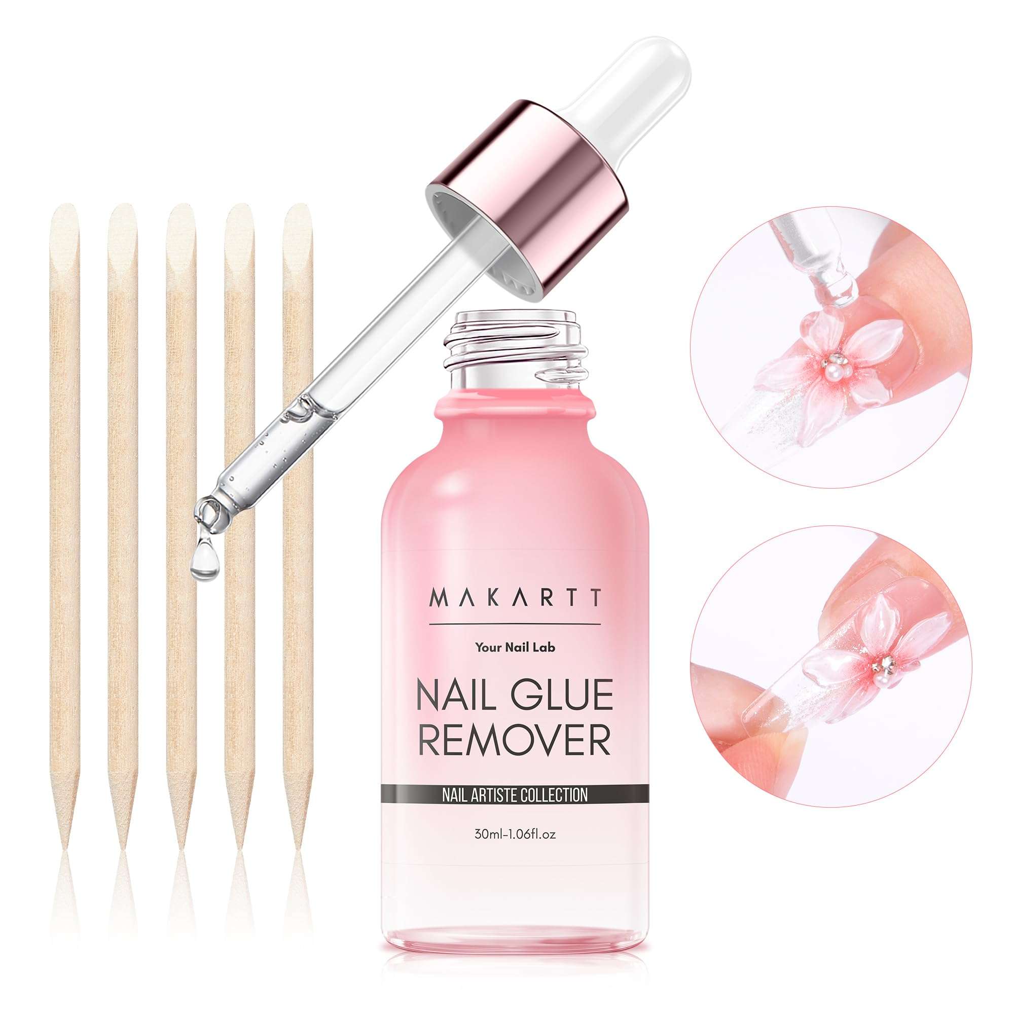 Makartt Press on Nail Glue Remover: Updated Formula with Vitamin E | Glue Debonder with 5 Wooden Sticks,1 Dropper Applicator for Quicker Application,Non-Acetone,Hema-free Glue off 30 ml 3