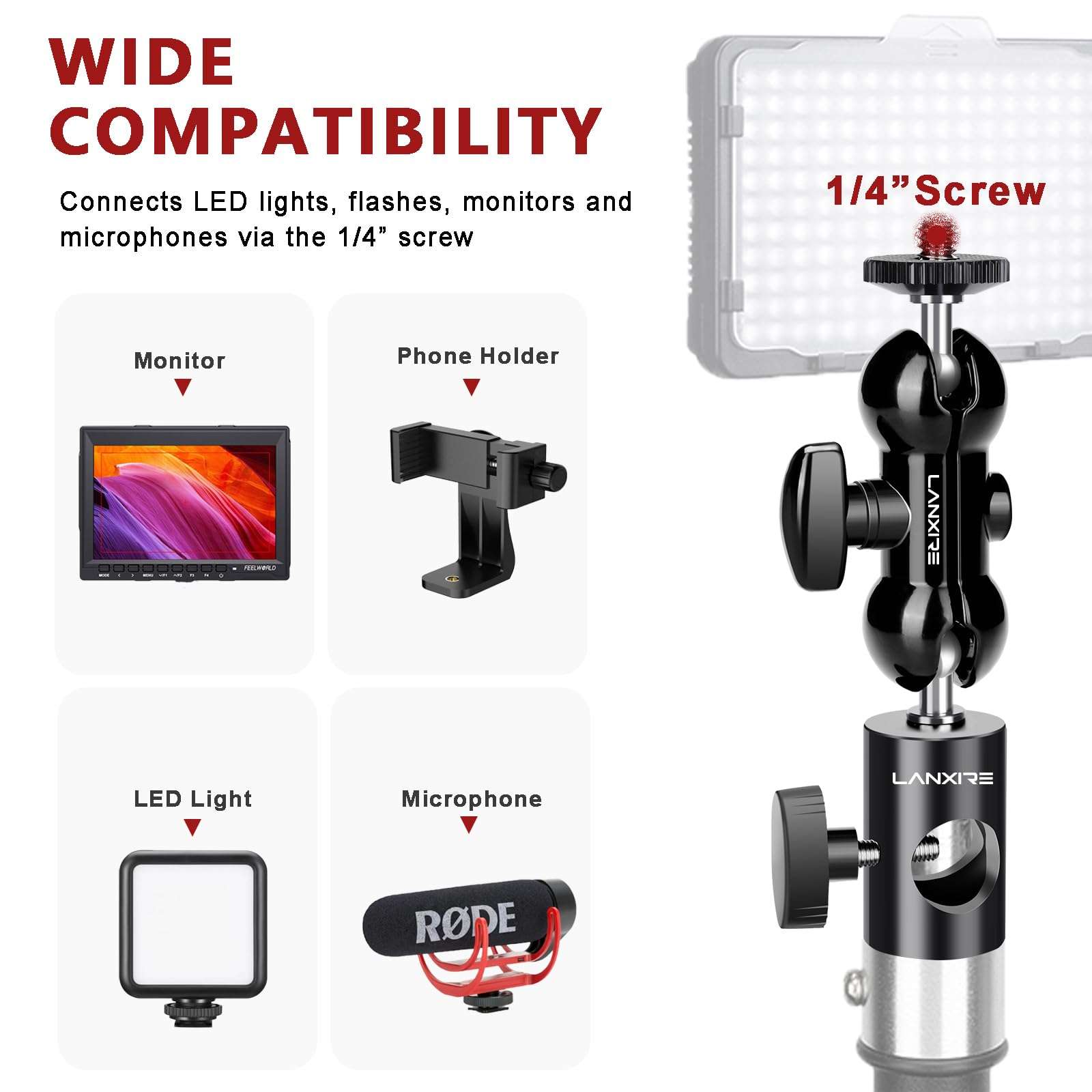 Lanxire Light Stand Mount Adapter (2 Packs) with Double Ball Head - Compatible with Ring Light - Fits Flat Head Light Stand - Max Load 4.4lb/2kg - 1/4" Screw Cool Ball Head 6