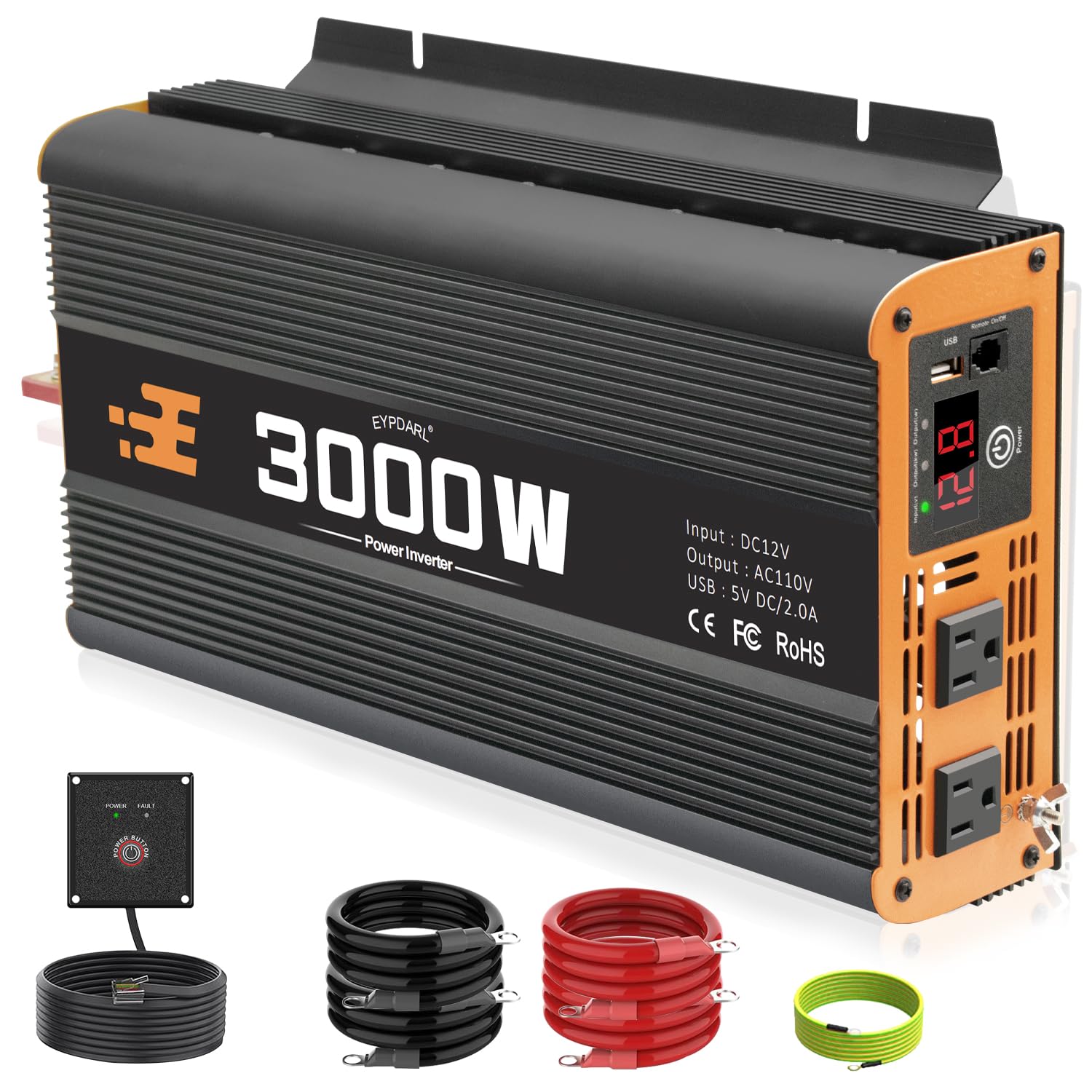 EYPDARL 3000 watt car Power Inverter with Remote Controller, 12v dc to 110v ac Modified Wave Power inverters for Vehicles, Ideal for Home, Emergency, Camping, rv, Truck, and Travel Inverter 3000w