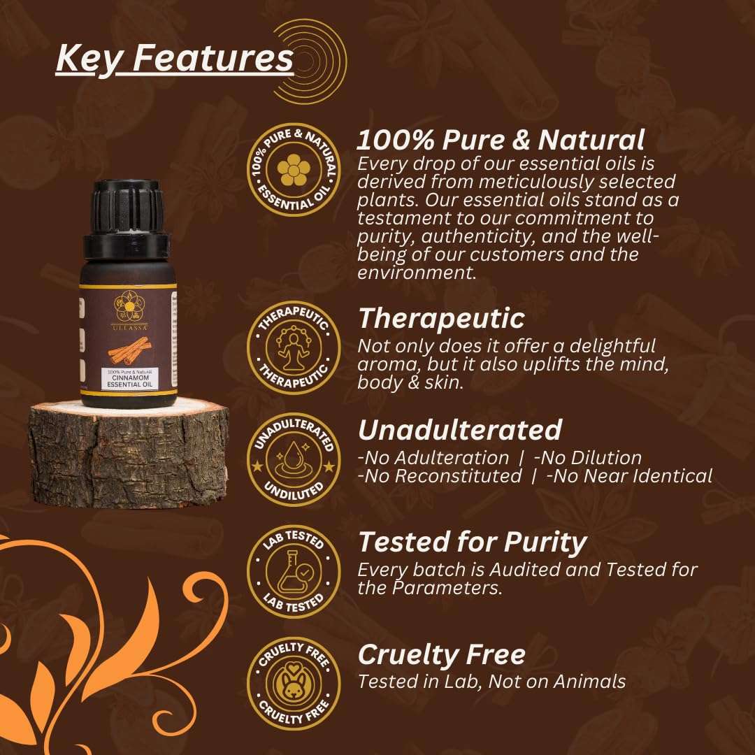 ULLASSA Cinnamon Bark Essential Oil | Improved Circulation, Brain Function, Plump Lips | Skincare, Haircare, Respiratory Wellness | 100% Pure & Natural | Cinnamomum Zeylanicum (Pack of 3) 6