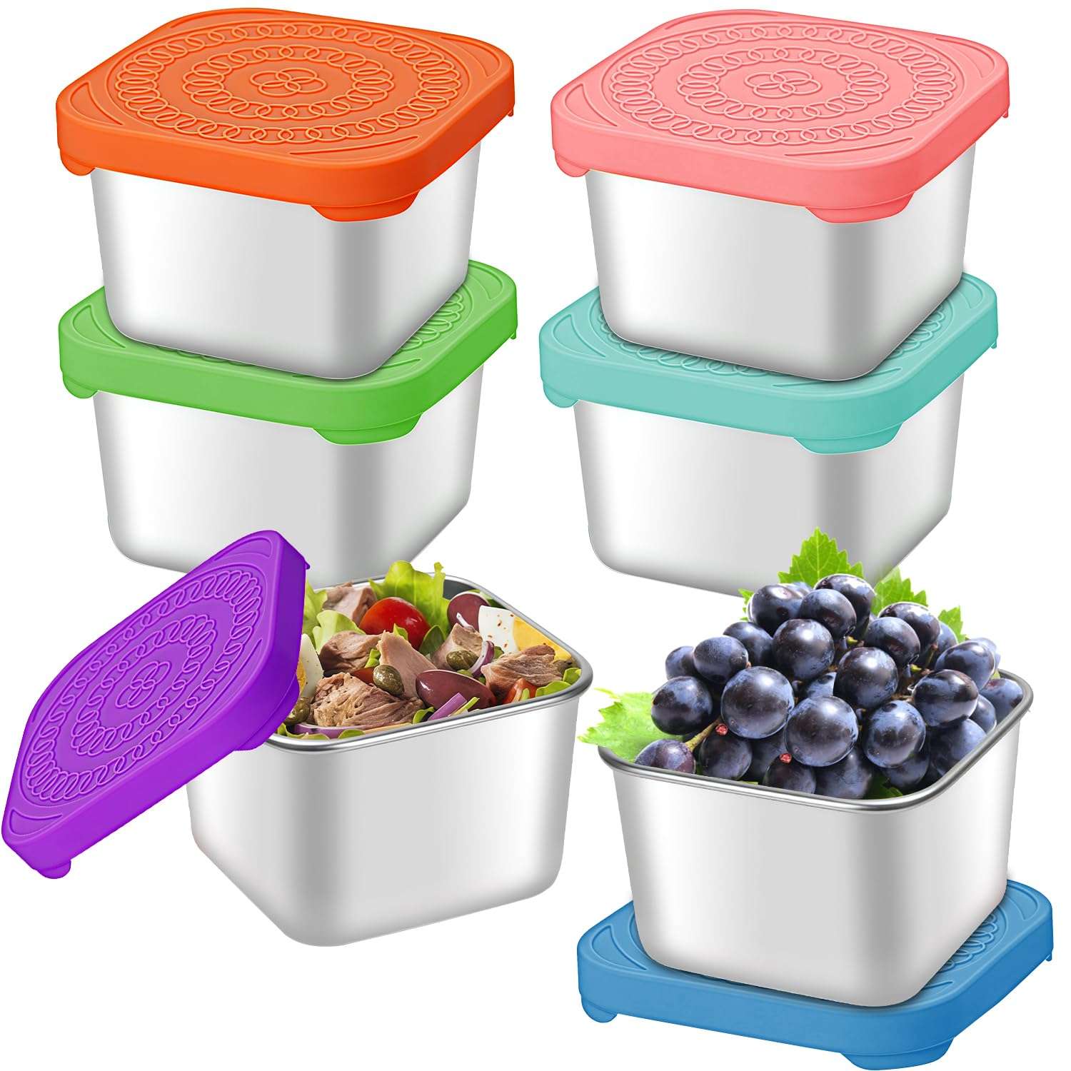 zxbaers Snack Containers with Silicone Lids,Set of 6 Stainless Steel Snack Boxes, Easy Open and Stackable，Leak Proof Food Containers for Daily Use，Office and Travel 1