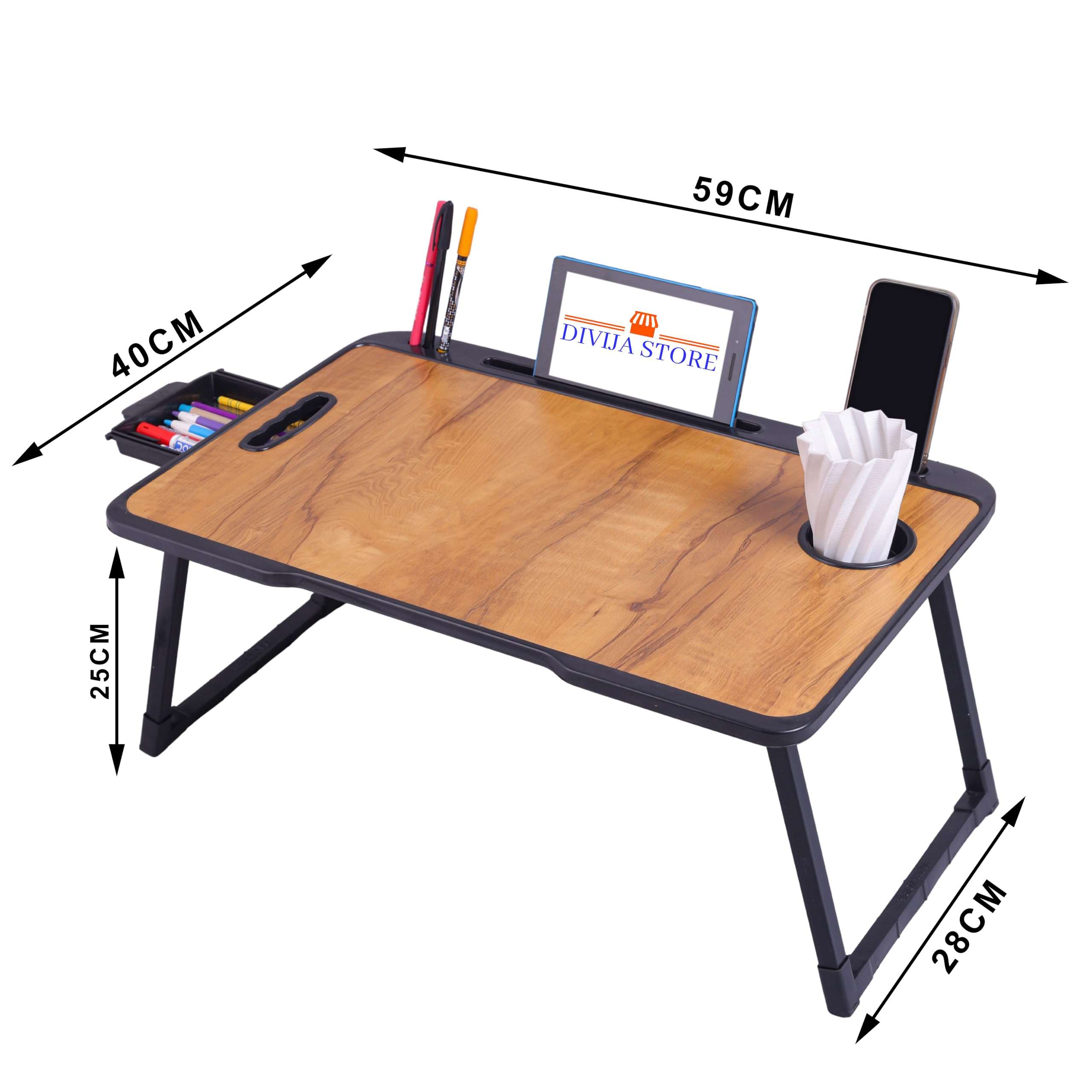 DIVIJA STORE Foldable Wooden Laptop Table | Adjustable Multipurpose Study Table with Drawer, Mobile/Tablet Stand | Portable Writing Desk for Office, Home, School & Work from Home (US COTTED Wood) 3