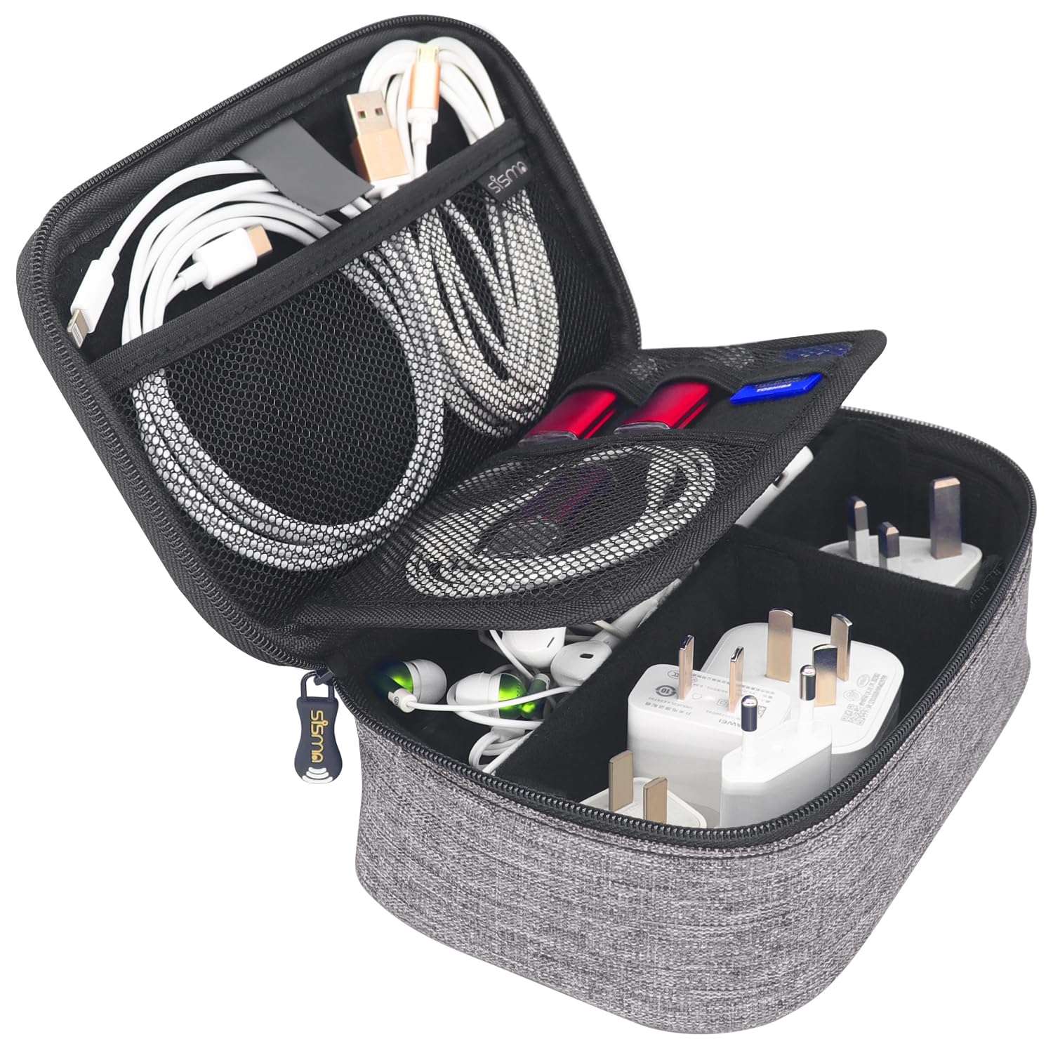 sisma Electronics Cords Organizer Tech Accessories Storage Case Travel Small Carrying Bag for Charging Cables Adapter USB Plugs Power Cord Leads - Grey 1680d 5