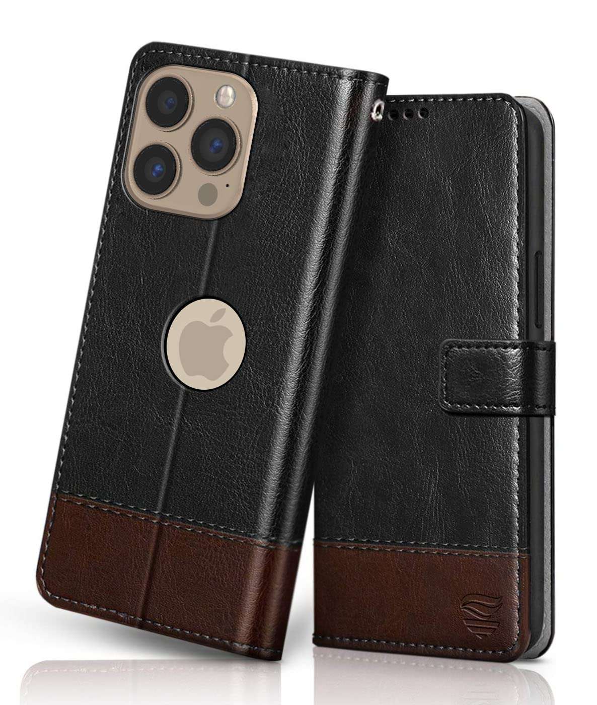 FLIPPED Vegan Leather Flip Case Back Cover for Apple iPhone 13 Pro Max (Flexible, Shock Proof | Hand Stitched Leather Finish | Card Pockets Wallet & Stand | Black with Brown) 1