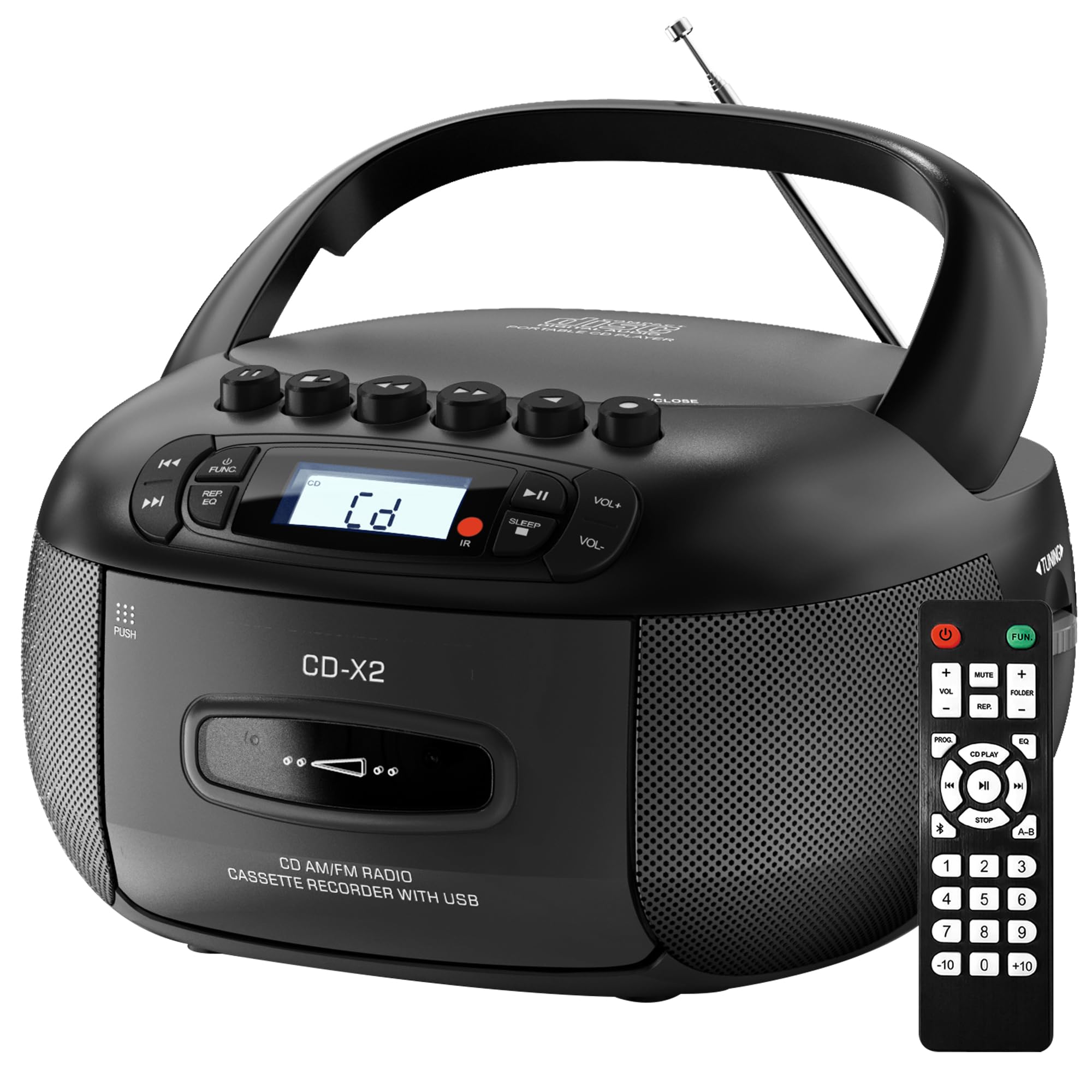 Kuephom CD Player Boombox with Cassette Player: Portable CD Boom Box with Bluetooth,FM/AM,Tape Recorder and Remote - USB/MP3/AUX Player with Sleep Timer- AC/Battery Powered for Home/Outdoor/Gift