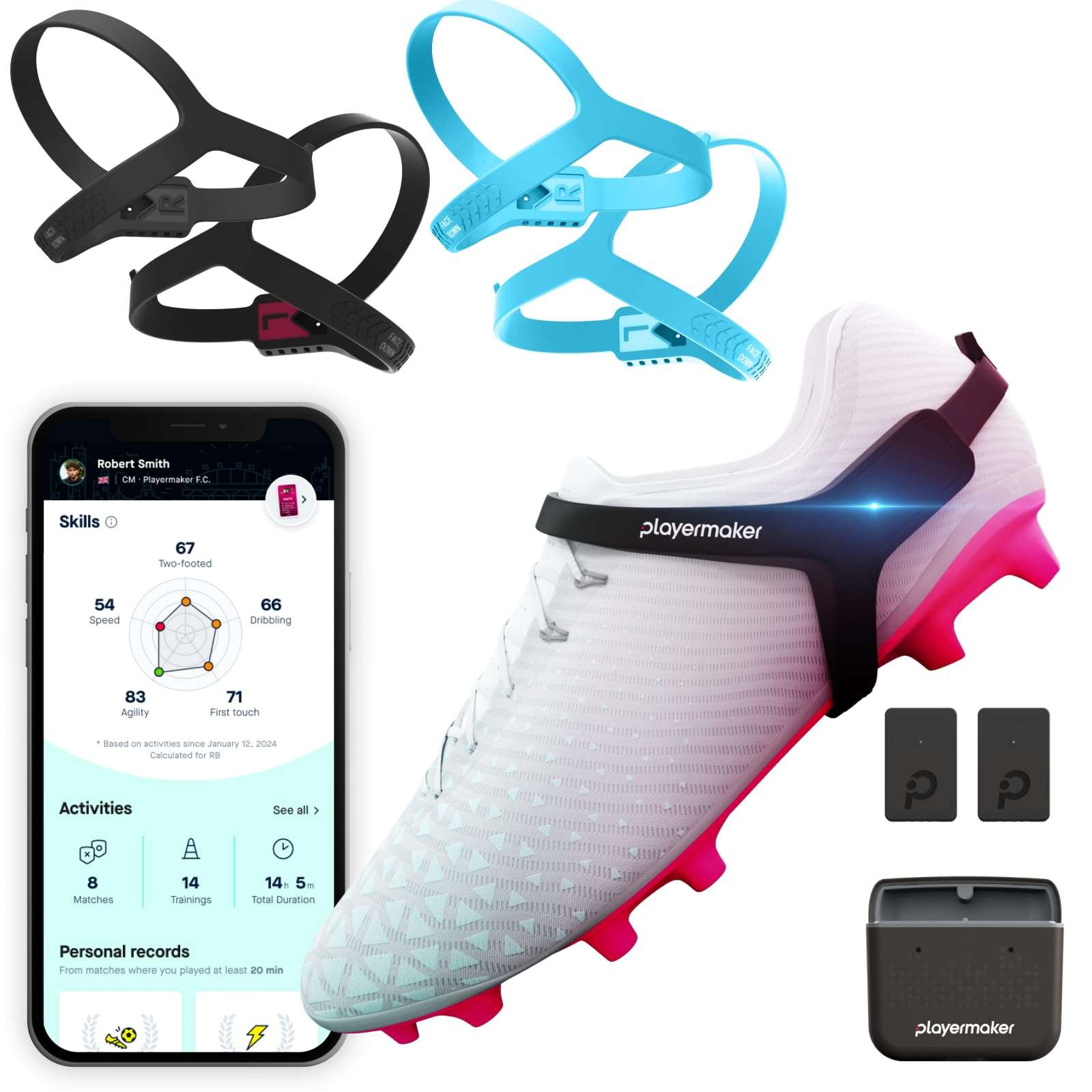 Playermaker 2.0 Soccer Tracker Kit Medium + Blue Large Straps, Smart Soccer Tracker for Cleats, Track 25+ Technical & Physical Metrics, Advanced Than GPS