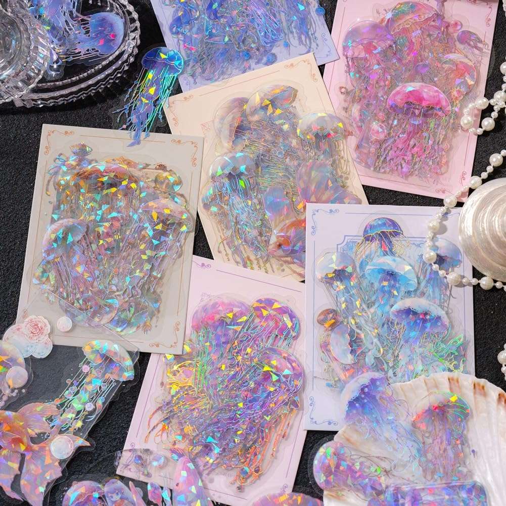 Obujopal 120 Pcs Holographic Glitter Jellyfish Stickers for Scrapbook Junk Journal Collage Water Bottle Planner Diary Phone Case Laptop Notebook Card Making Craft Decoration, 60 Patterns 1