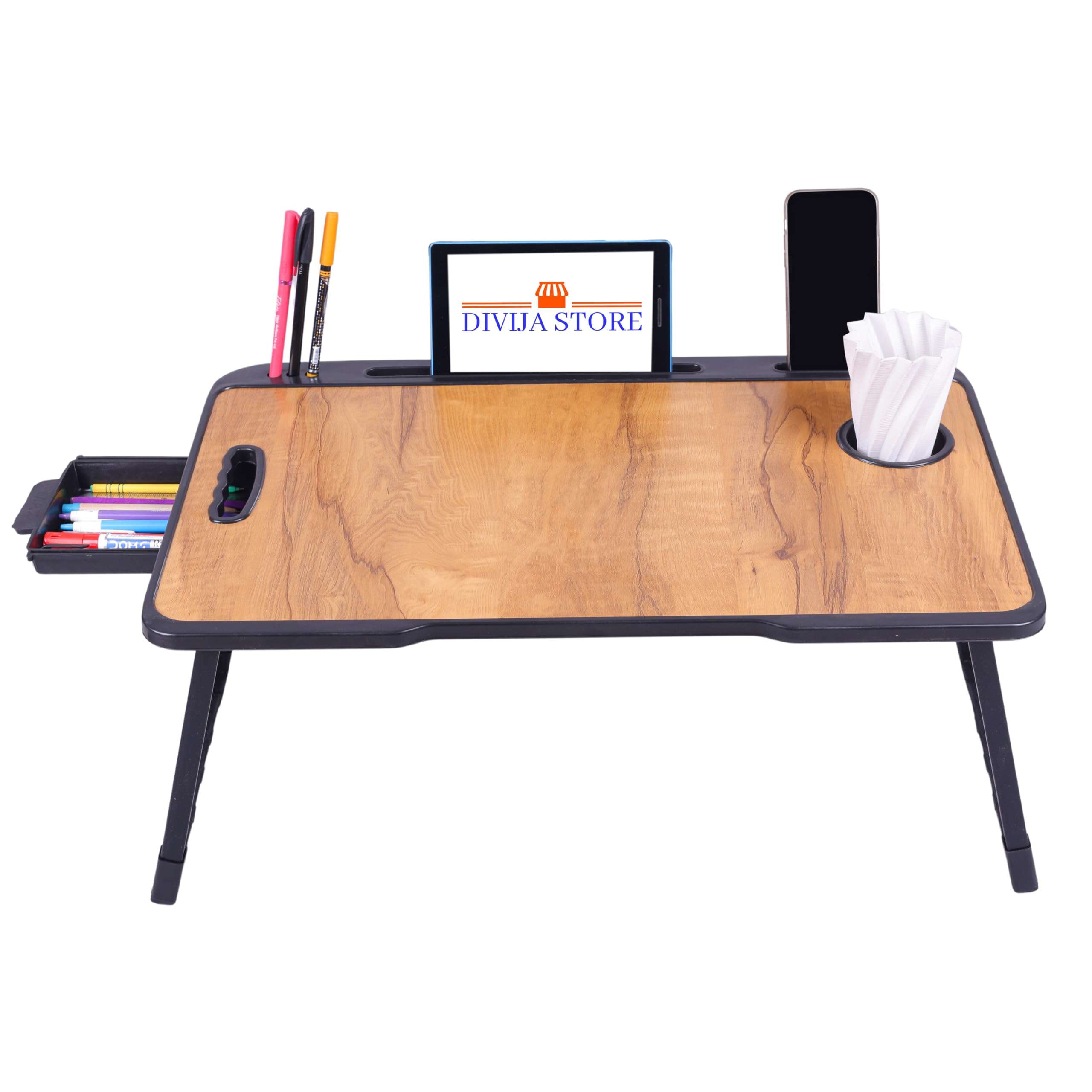 DIVIJA STORE Foldable Wooden Laptop Table | Adjustable Multipurpose Study Table with Drawer, Mobile/Tablet Stand | Portable Writing Desk for Office, Home, School & Work from Home (US COTTED Wood) 4