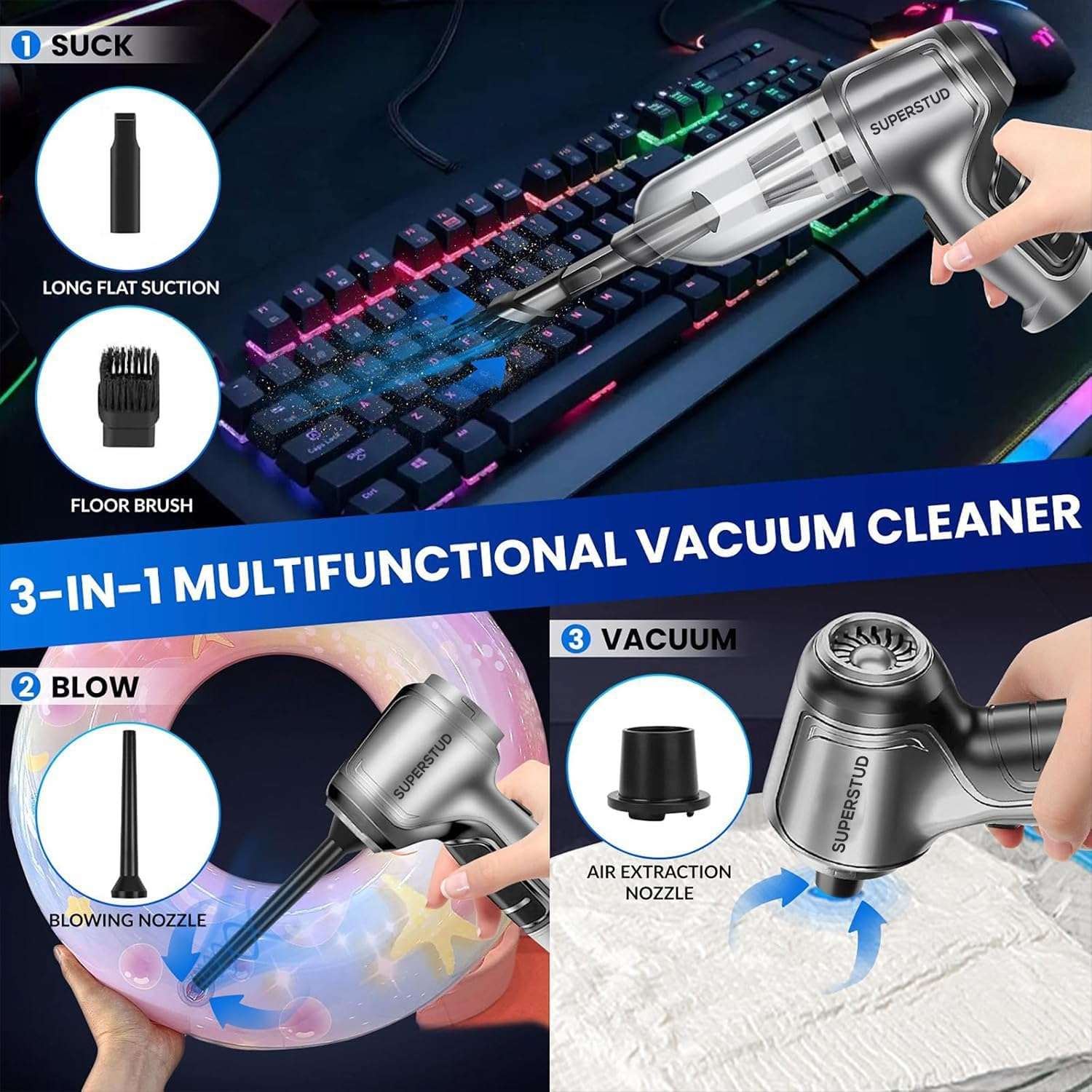 SUPERSTUD Vacuum Cleaner for Home Use Wet and Dry | Car Vacuum Cleaner 3 in 1 with 6 Attachments & Blower | Cordless Vacuum Cleaner for Home/Office/Car/Keyboard/Travel/Sofa/Office (RichGrey) 5