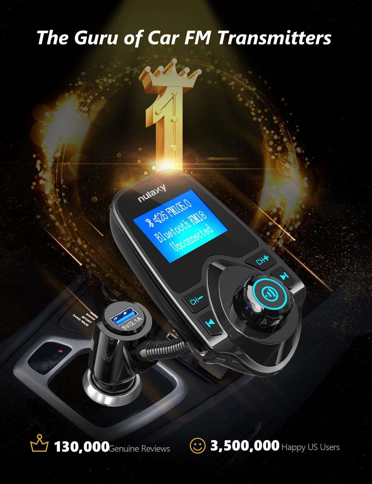 Nulaxy Car Bluetooth FM Transmitter [2024 Upgraded], 1.44" Display Flexible Gooseneck, Handsfree Call Wireless Music Stereo Audio Player Radio Adapter Car Kit USB Phone Charger, TF SD Card AUX-KM18 2