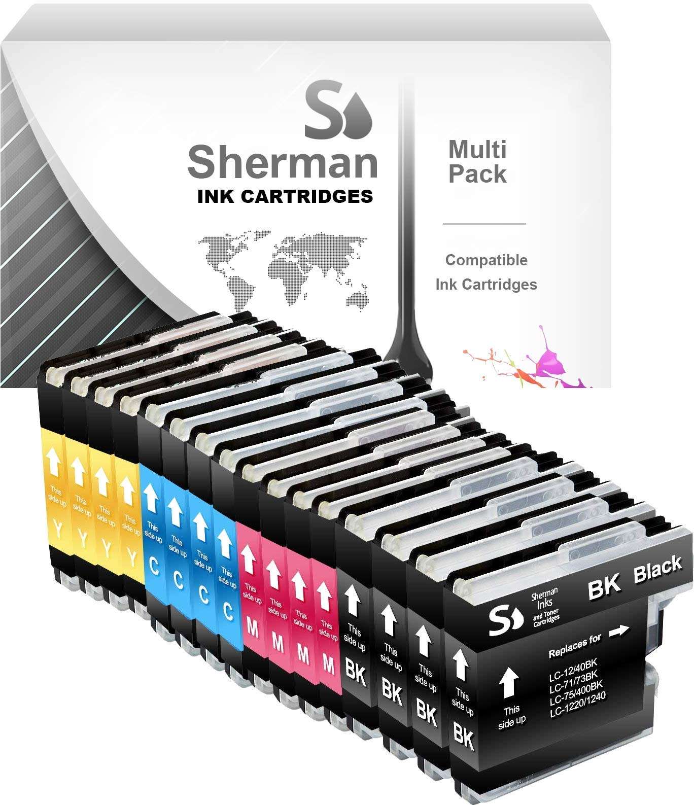 Sherman Inks and Toner Cartridges ® 16 Pack Brother LC71 LC 71/LC75 LC 75 Ink Cartridge 4 Black, 4 Cyan, 4 Magenta, 4 Yellow Multipack Compatible Replacement for Inkjet Printers: DCP-J525W, DCP-J725DW, DCP-J925DW, MFC-J280W, MFC-J425W, MFC-J430W, MFC-J435W, MFC-J5910DW, MFC-J625DW, MFC-J625W, MFC-J6510DW, MFC-J6710DW, MFC-J6910DW, MFC-J825DW, MFC-J835DW, MFC-J5910DW, MFC-J6510DW, MFC-J6710DW, MFC-J6910DW Bundle Set BK C M Y LC-71BK, LC-71C, LC-71M, LC-71Y, LC-75BK, LC-75C, LC-75M, LC-75Y 1