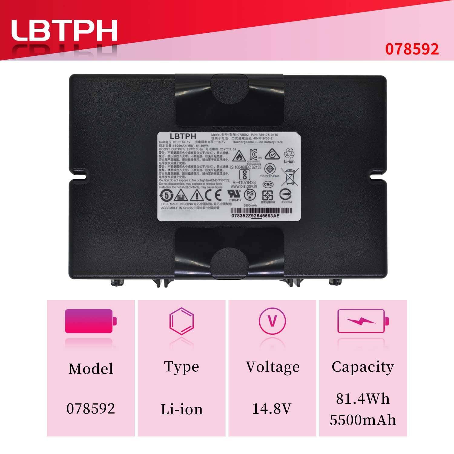 LBTPH 078592 789175 4INR19/66-2 Battery Replacement for Bose S1 Pro Multi-Position Pa Speaker 789175-0110 14.8V 5500mAh 81.40Wh 2