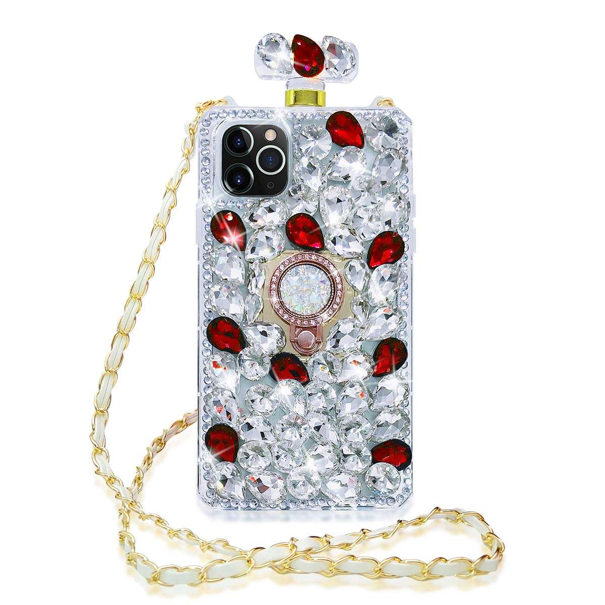 Losin Perfume Bottle Case Compatible with iPhone 12 Pro Max 6.7 inch Case Luxury Bling Diamond Gemstone Perfume Bottle 3D Bling Rhinestones Ring Holder Stand Bracket Soft TPU Case Red 1