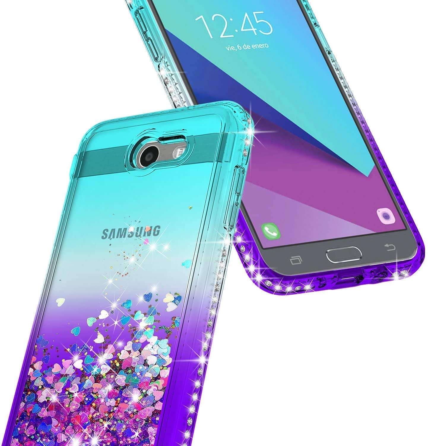E-Began Case for Samsung Galaxy J3 Luna Pro, J3 Emerge/J3 2017/J3 Eclipse/Sol 2/J3 Mission with Screen Protector, Glitter Liquid Floating Quicksand Bling Diamond, Durable Girls Cute Case -Aqua/Purple 4