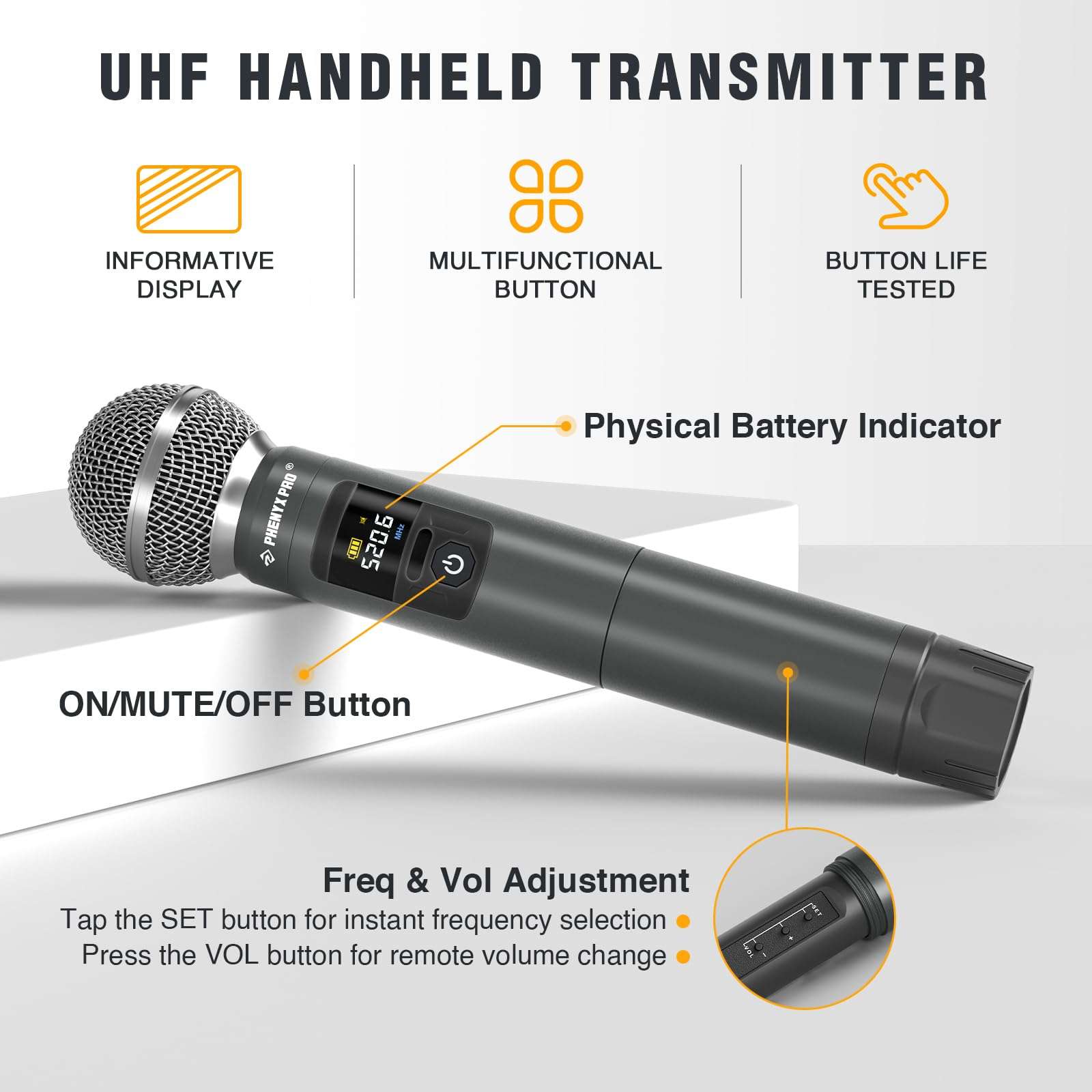 Phenyx Pro Professional Wireless Microphone, UHF Dynamic Mic, Metal Cordless Mic, Handheld Microphone for PTU-52/PTU-5200/PTU-4200 with Selectable 30 Frequencies (PWH-4200) 3