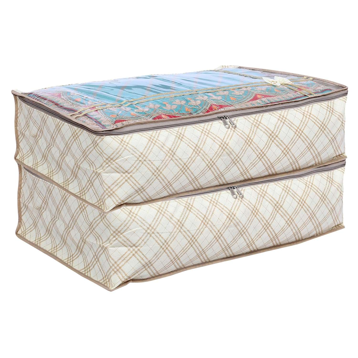 Kuber Industries Lehenga Cover | Non-Woven Gown Cover | Check Bow Pattern Garment Cover | Salwar Suit Cover with Top Transparent | Large | Pack of 2 | Cream