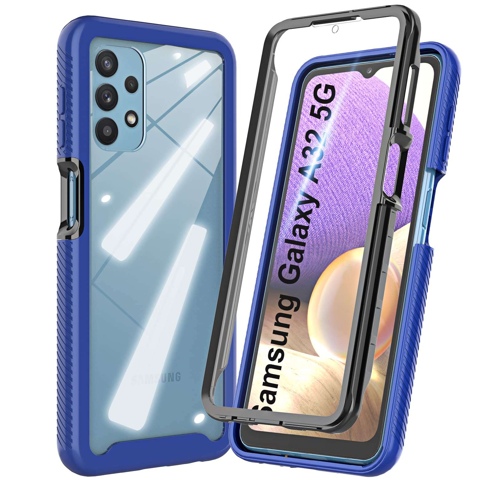 HATOSHI Samsung Galaxy A32 5G Case with Built in Screen Protector, [Military-Grade] Full-Body Shockproof Heavy Duty Protection Crystal Clear Back Protective Phone Case Cover for Samsung A32, Blue