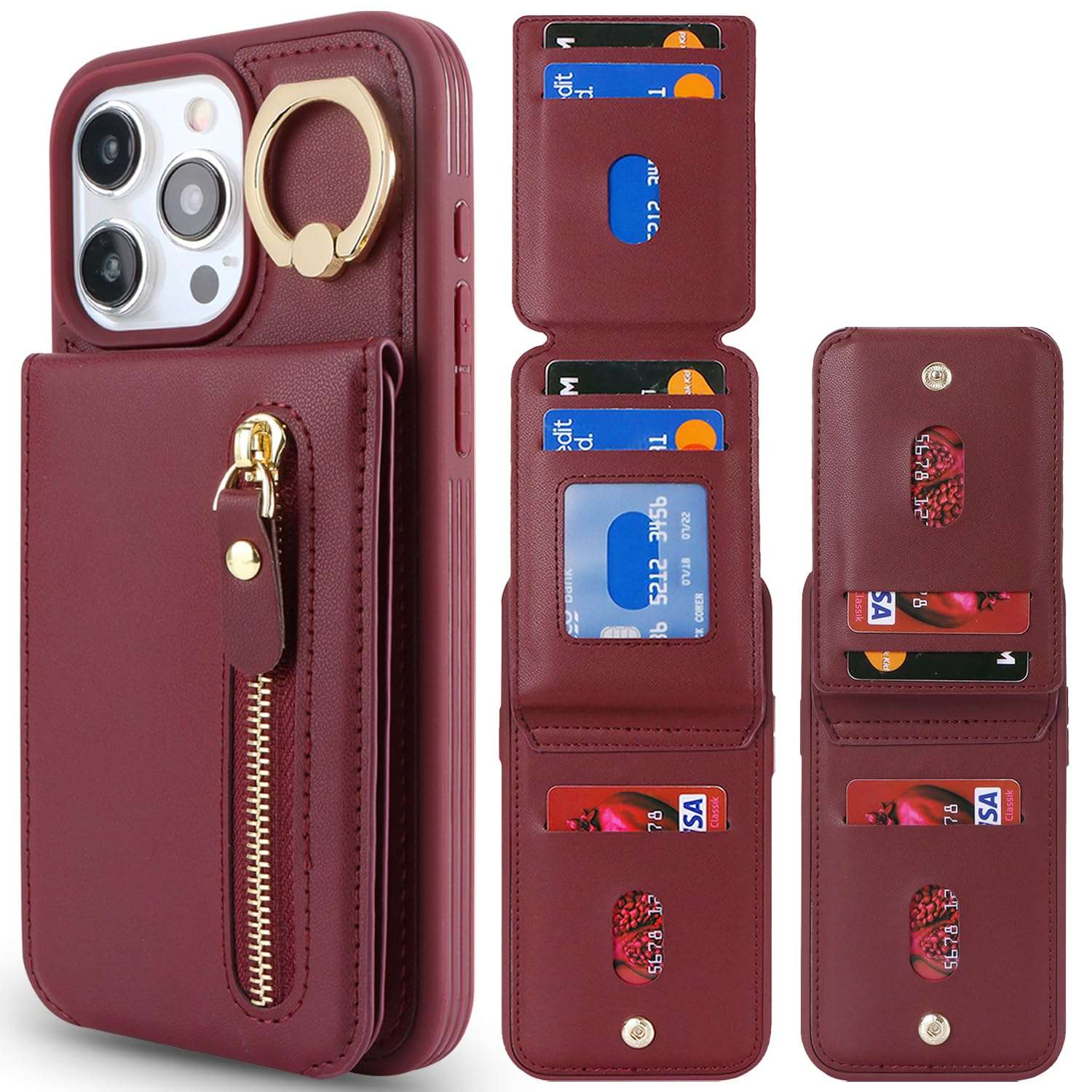 DEYHU for iPhone 14 pro Max Case with Card Holder for Women, for iPhone 14 pro Max Phone Case Wallet with Credit Card with Ring Kickstand Zipper Shockproof Slim Stand Case - Red Wine 3