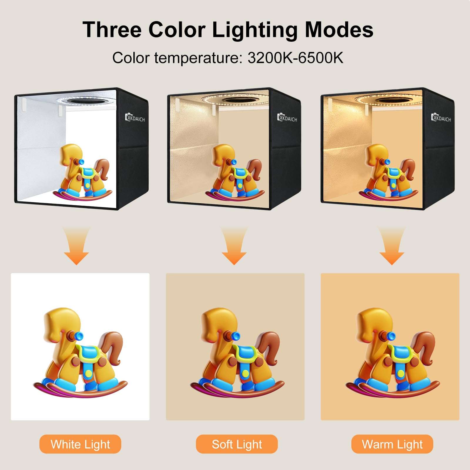 XKDAICH 16x16 Inch Portable Folding Photo Studio Shooting Tent Box with Dimmable Ring Light USB, 3 Color Temperatures & 6 Colors PVC Backdrops for Product Photography, YouTube Videos, Smartphone 3