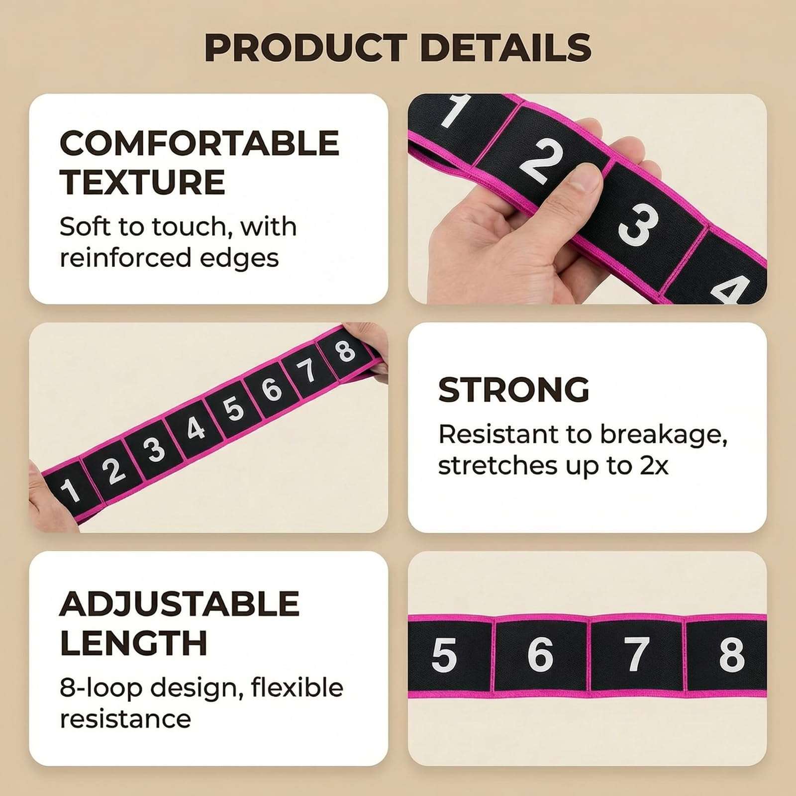 3 Pack Yoga Stretch Strap with Loops, Numbered Resistance Bands for Flexibility, 8-Section Elastic Exercise Bands for Pilates, Dance, Gymnastics & Warm Up (Blue, Purple, Rose Red) 6