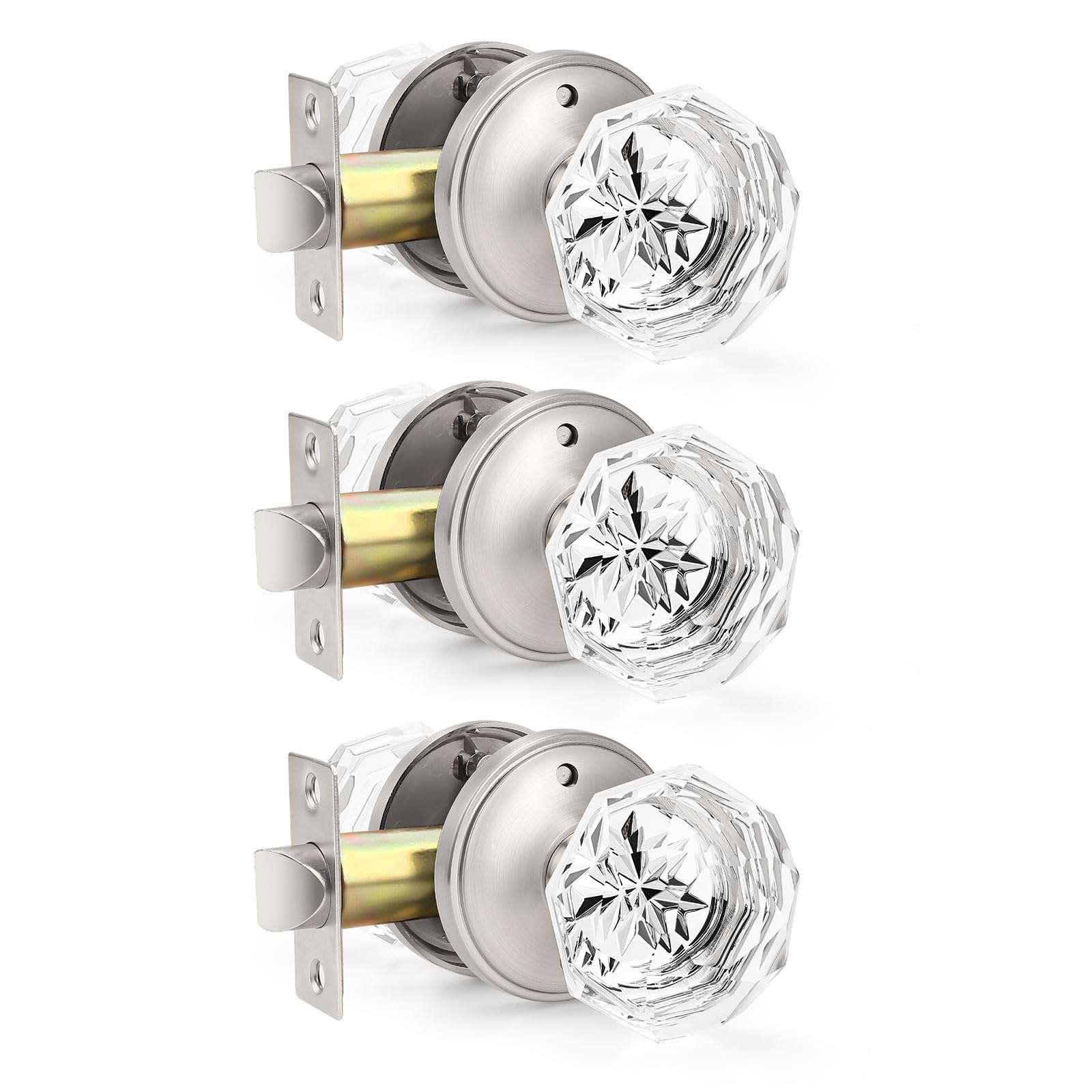 Orger 3 Pack Diamond Glass Door Knobs, Crystal Privacy Door Handles for Bedroom/Bathroom, Interior Keyless Door Knobs with Pin Lock, Satin Nickel Zinc Alloy Rosette 1