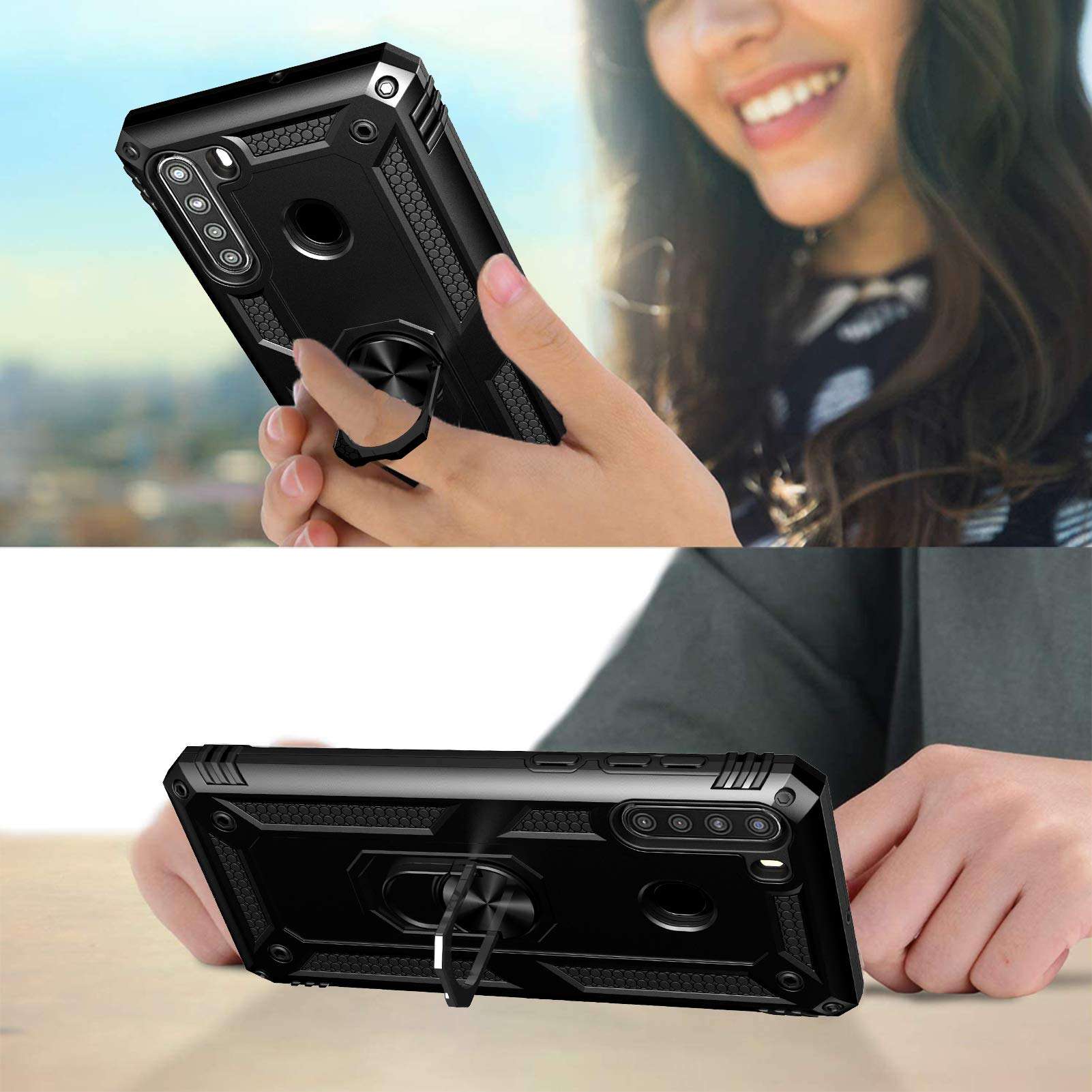 Galaxy A21 Case, Samsung A21 Case with Tempered Glass Screen Protectors, Androgate Military-Grade Ring Kickstand Car Mount 15ft Drop Tested Shockproof Cover Phone Case for Samsung Galaxy A21, Black 4