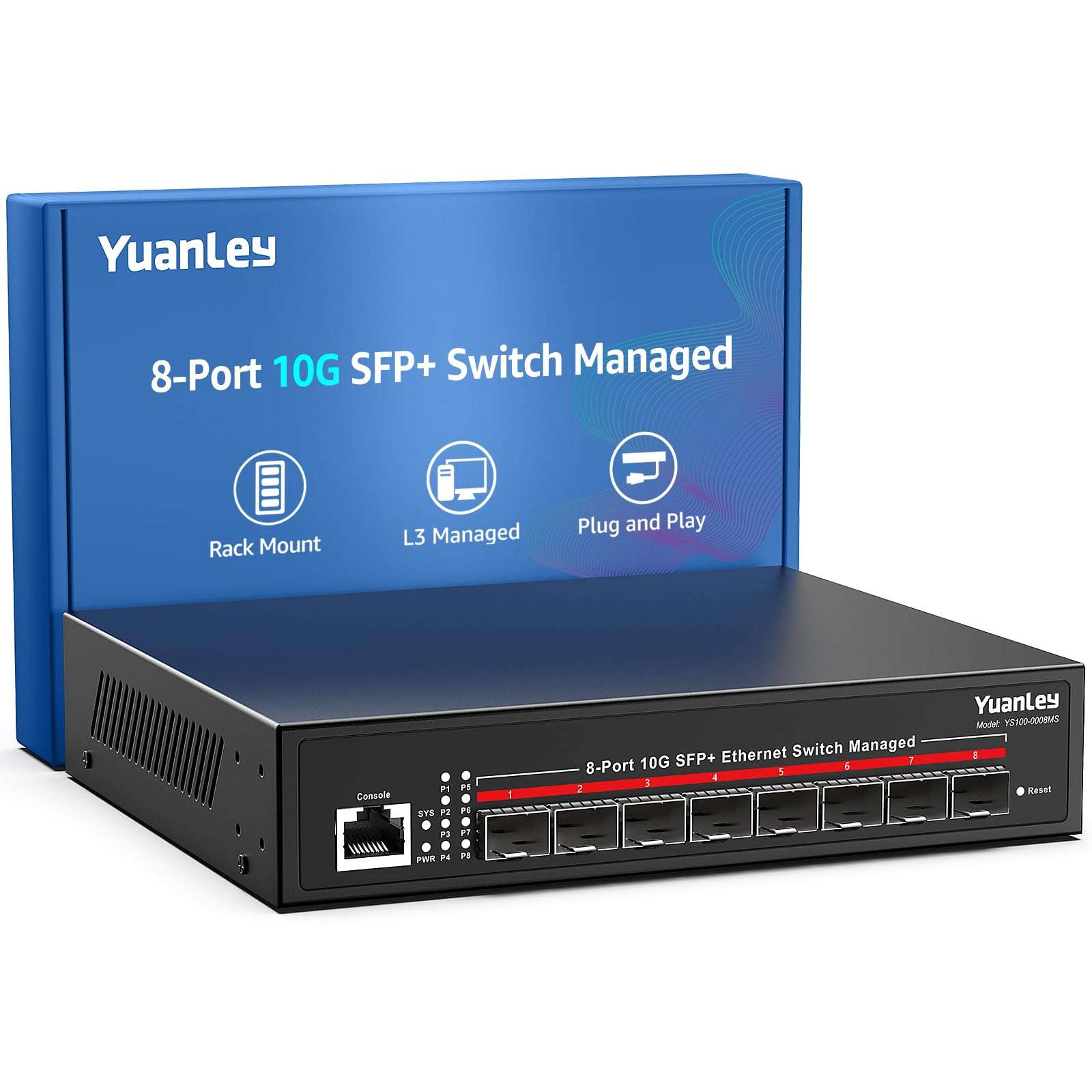 YuanLey 8 Port 10G Managed SFP Switch, 8X 10Gbps SFP+, L3 Smart Managment Ethernet Switch, Link Aggregation, VLAN, QoS, ACL, Rackmount 10Gbe Multi-gig Network Switch, Metal Case, 160Gbps Bandwidth