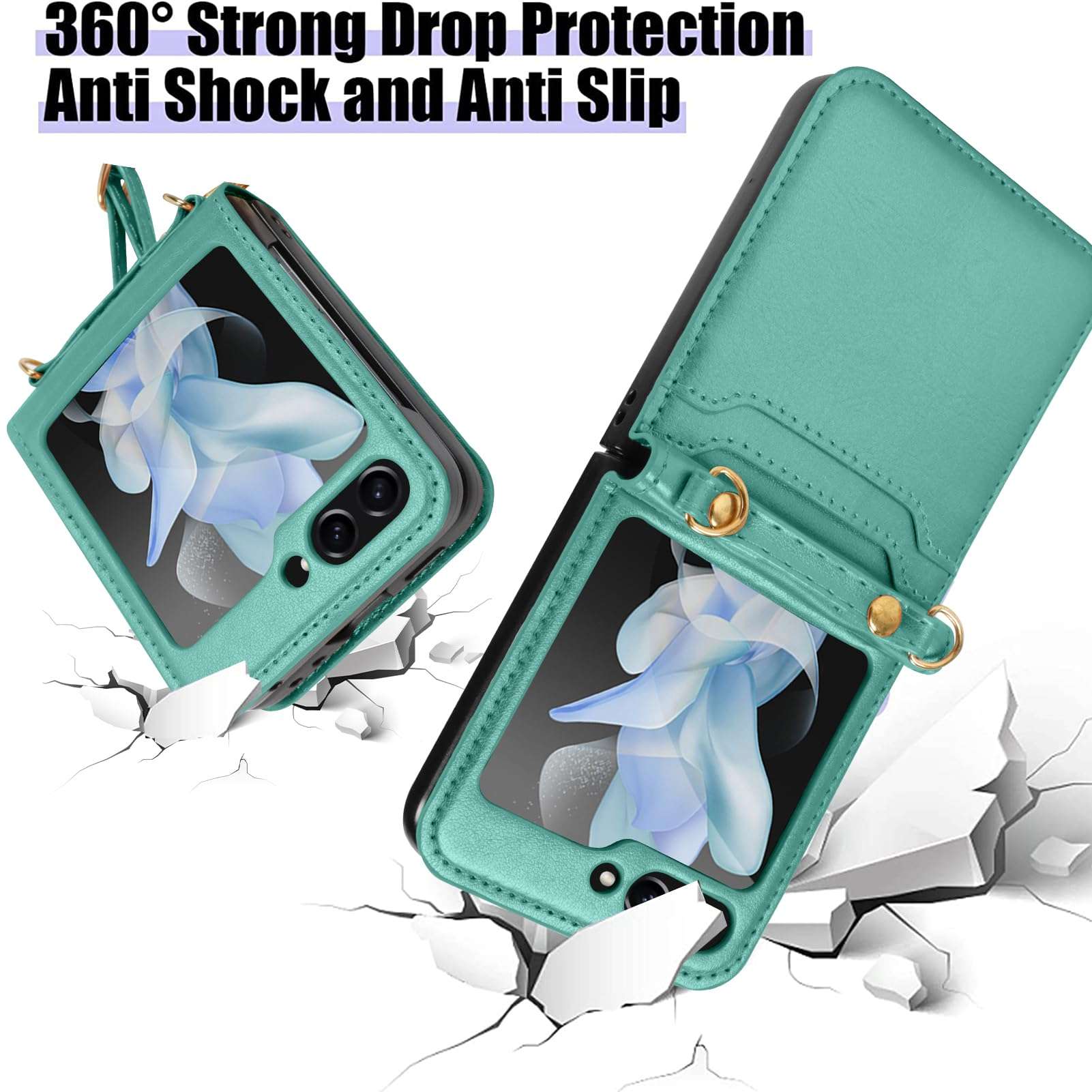 KANGHAR for Samsung Galaxy Z Flip 5 Case with Card Holder Lanyard Z Flip 5 Leather Wallet Case Adjustable Crossbody Strap Protective Phone Case for Galaxy Z Flip 5 - Green 4