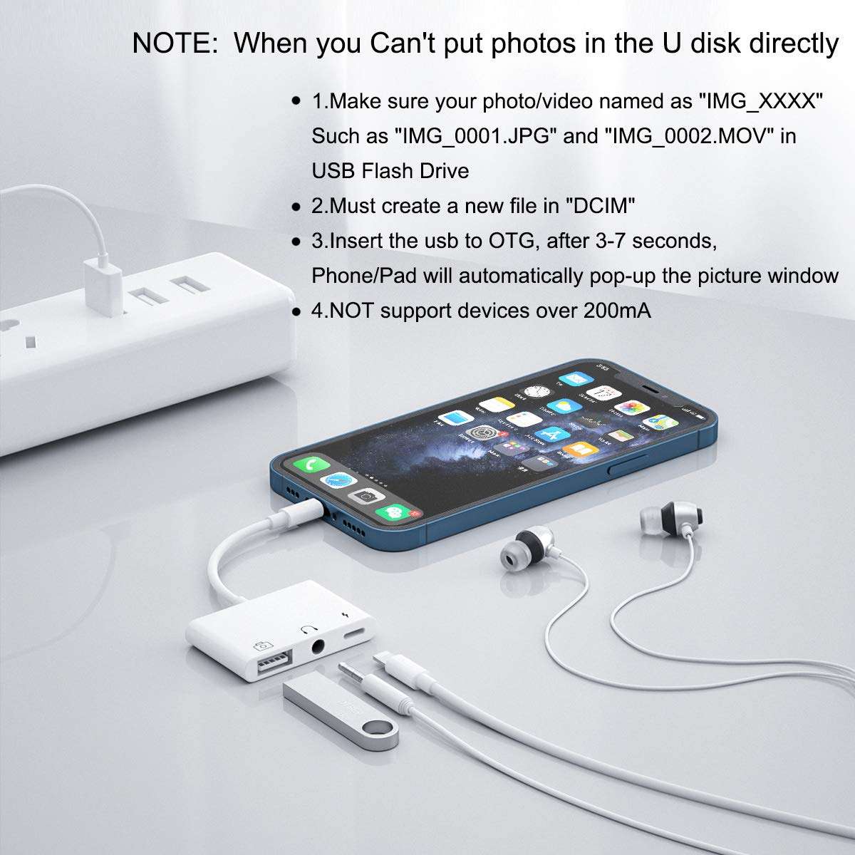 LXJTHT USB Adapter for iPhone, 3 in 1 USB OTG Adapter with Charging Port and 3.5 mm Headphone Jack Compatible with iPhone 13/12/11 Pro/X/8/7, Support Hub, MIDI Keyboard, Camera, Card Reader 6
