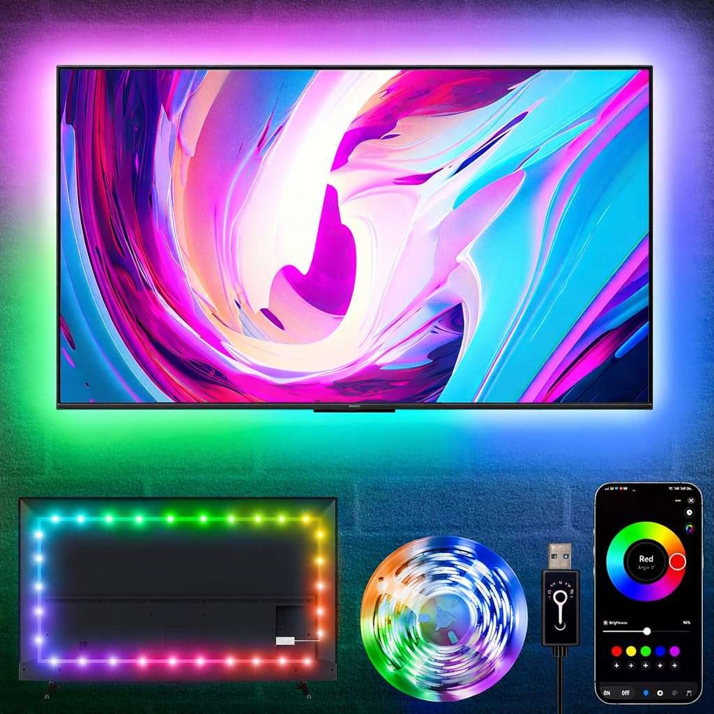 Gesto 5 Meter RGB LED TV Backlight with App & Remote Control | Music Sync, Bluetooth, 16 Million Colors | 5V USB Powered Bias Lighting for 55–80 Inch TVs | Ambient Strip Light for PC, Bedroom, Gaming 1