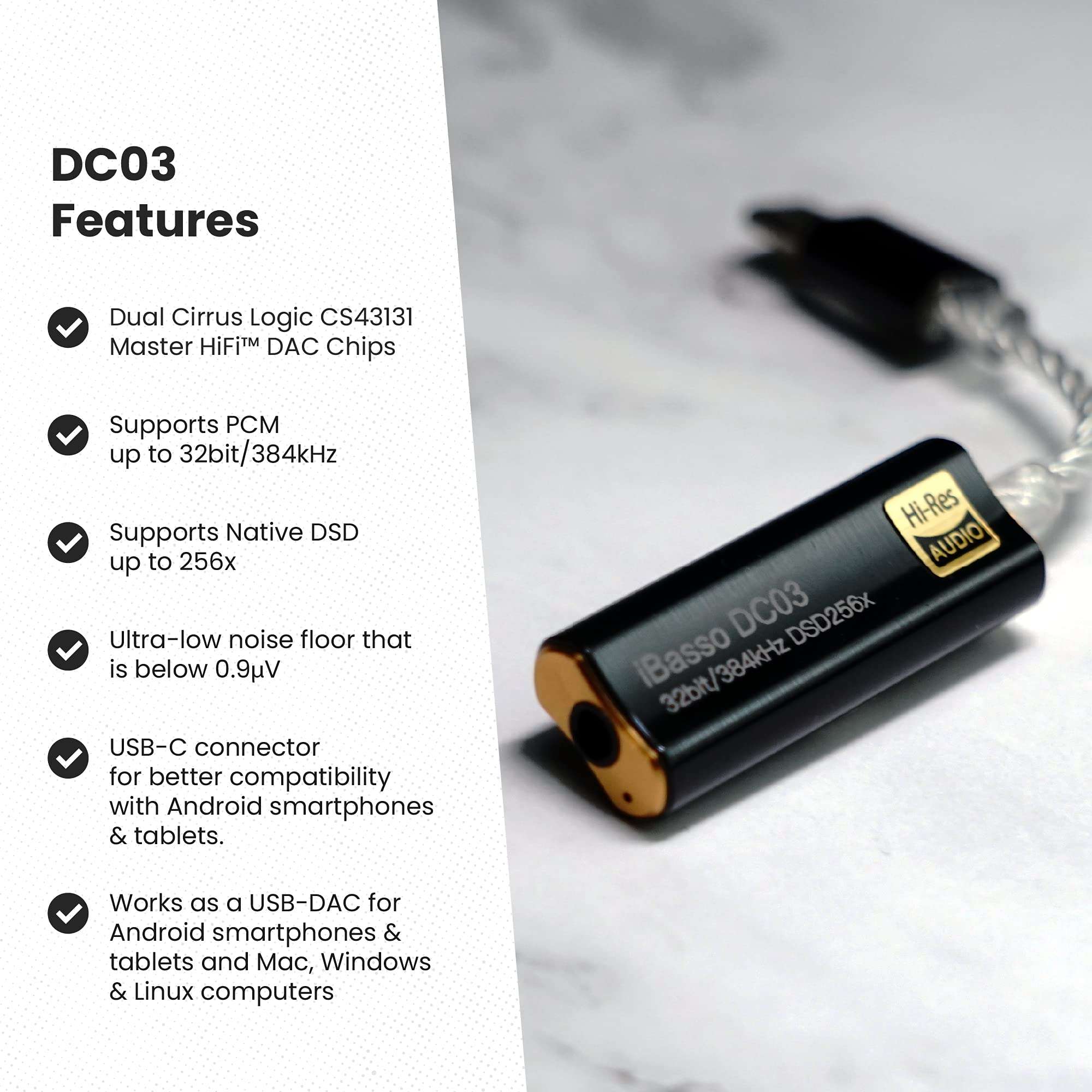 iBasso DC03 Portable USB DAC/Headphone Amp, USB-C to 3.5mm Audio Adapter, Silver 6