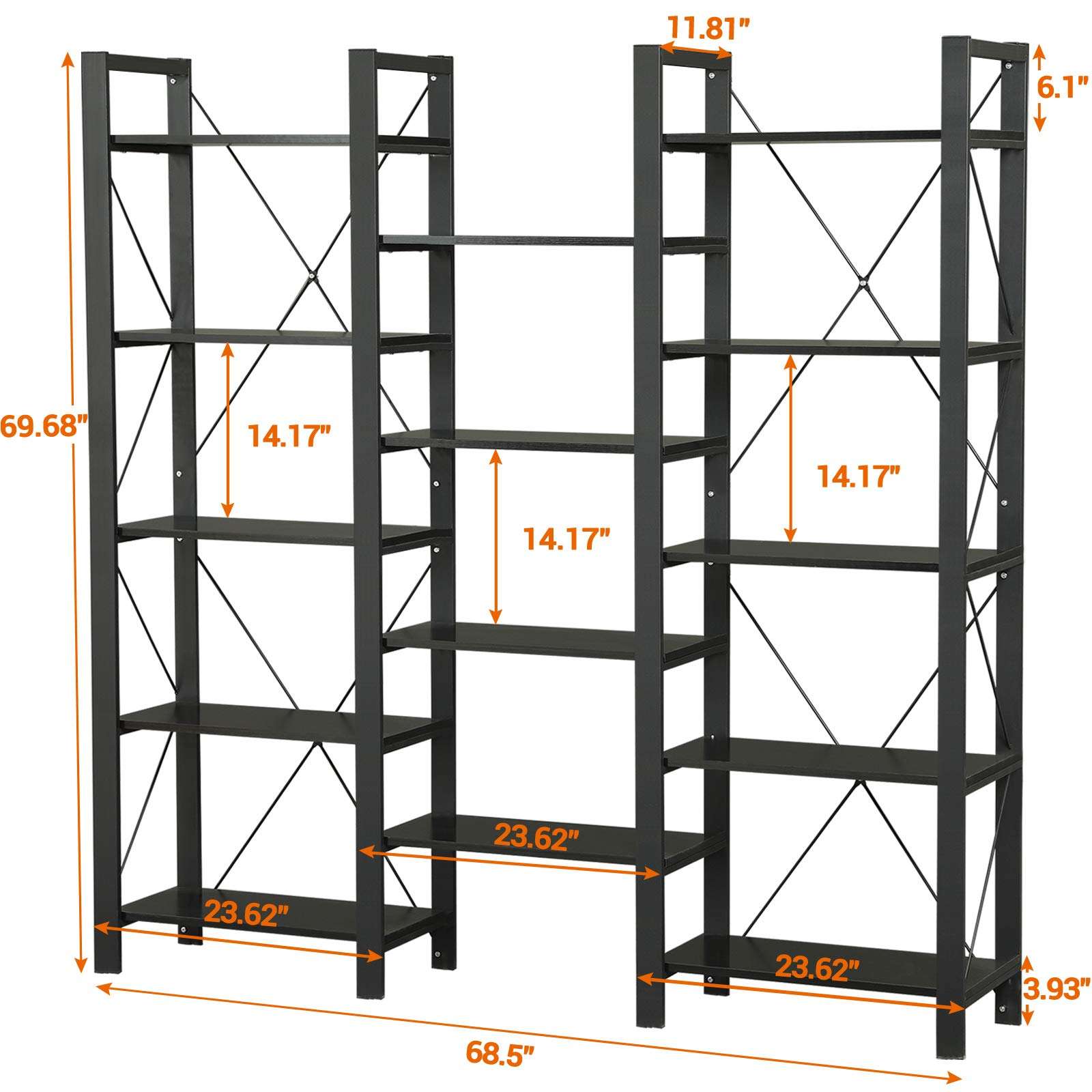 SEDETA Triple Wide 5-Shelf Bookcase, Industrial Vintage Style Bookshelves, Wood and Metal Bookshelf, Large Open Book Shelf Furniture Shelves for Home Office, Black 5