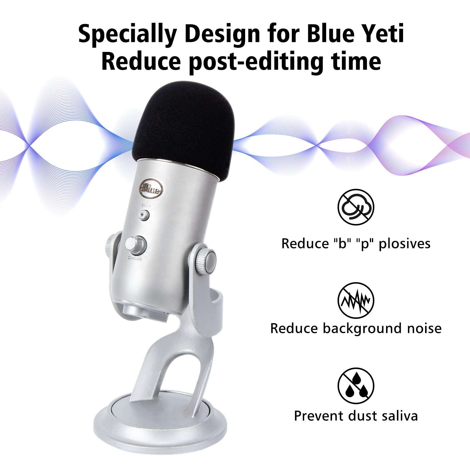 Microphone Foam Mic Windscreen Cover for Blue Yeti, Yeti Pro Microphones, Blue Yeti Pop Filter Wind Shield by SUNMON (Black) 2