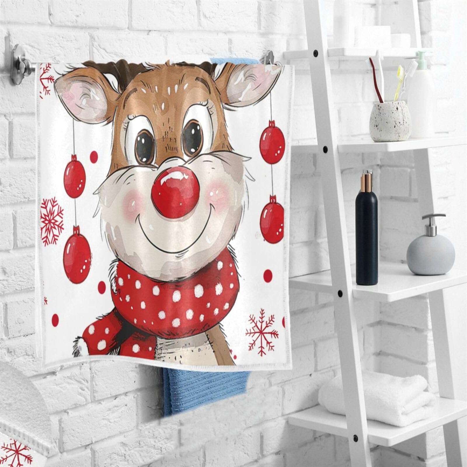 Wamika Cute Xmas Reindeer Hand Towels Winter Snowflakes Deer Face Towel Highly Absorbent Soft Guest Tea Towel Portable Kitchen Dish Washcloths Bath Decor Christmas Decorations 16" x 30" 2