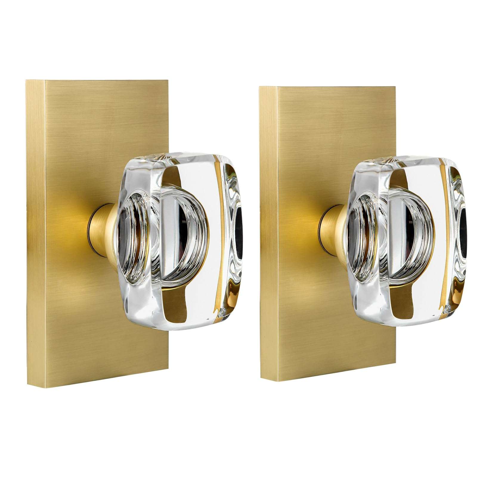HIEMEY Satin Brass Crystal Glass Dummy Door Knob Interior, Gold Dummy Door Knob for Closet Hall Rectangular Single Side Non-Turning Inactive, 2 Pack 1