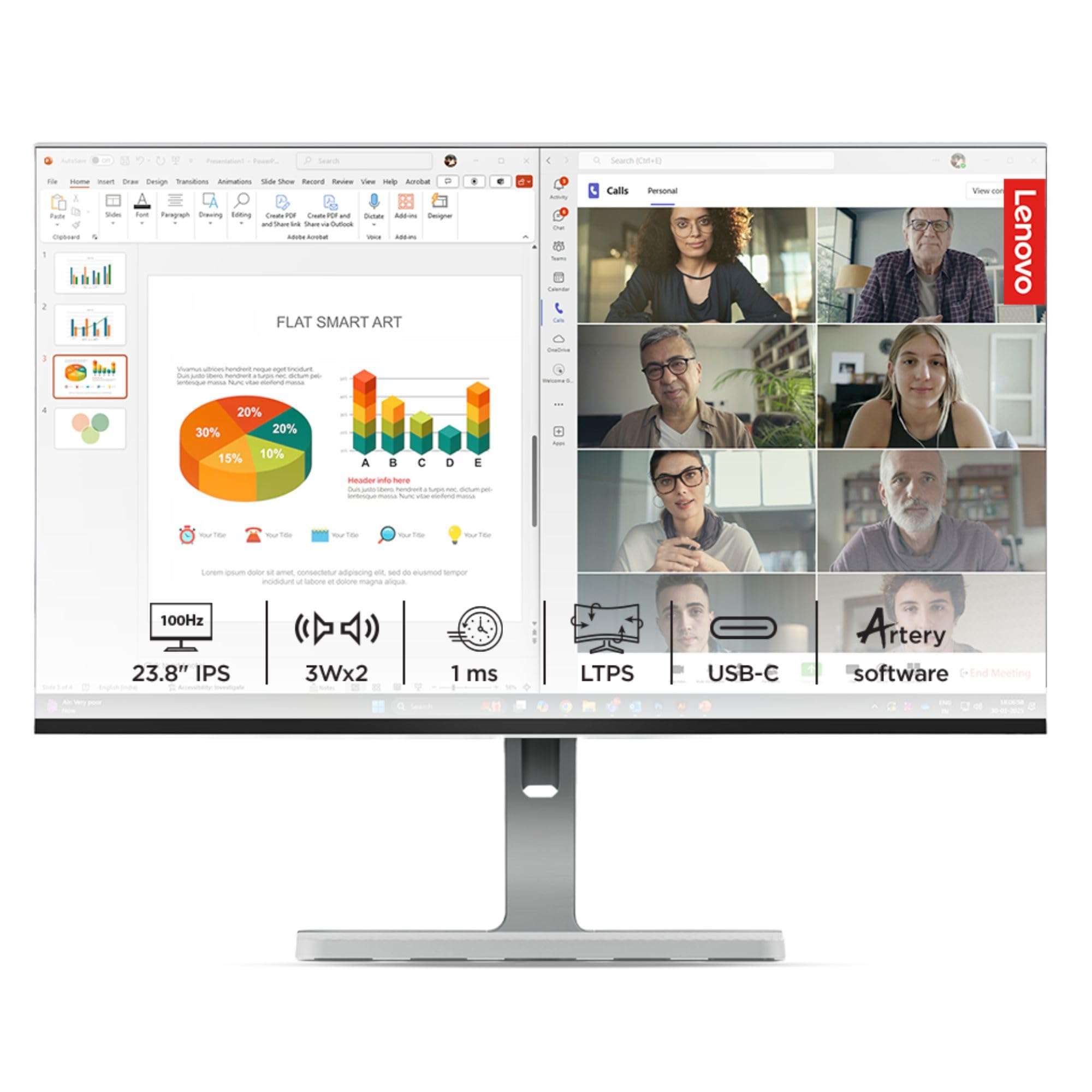 Lenovo L-Series 24 inch (60.4cm) FHD IPS Monitor| 100Hz, 1ms, FreeSync, 3Wx2 Speakers, 4xUSB-A, 1xUSB-C, 1x HDMI, PD-45W, Tilt, Swivel,Pivot Height Adjust Stand: for Home & Office use, Grey, L24m-4A 1