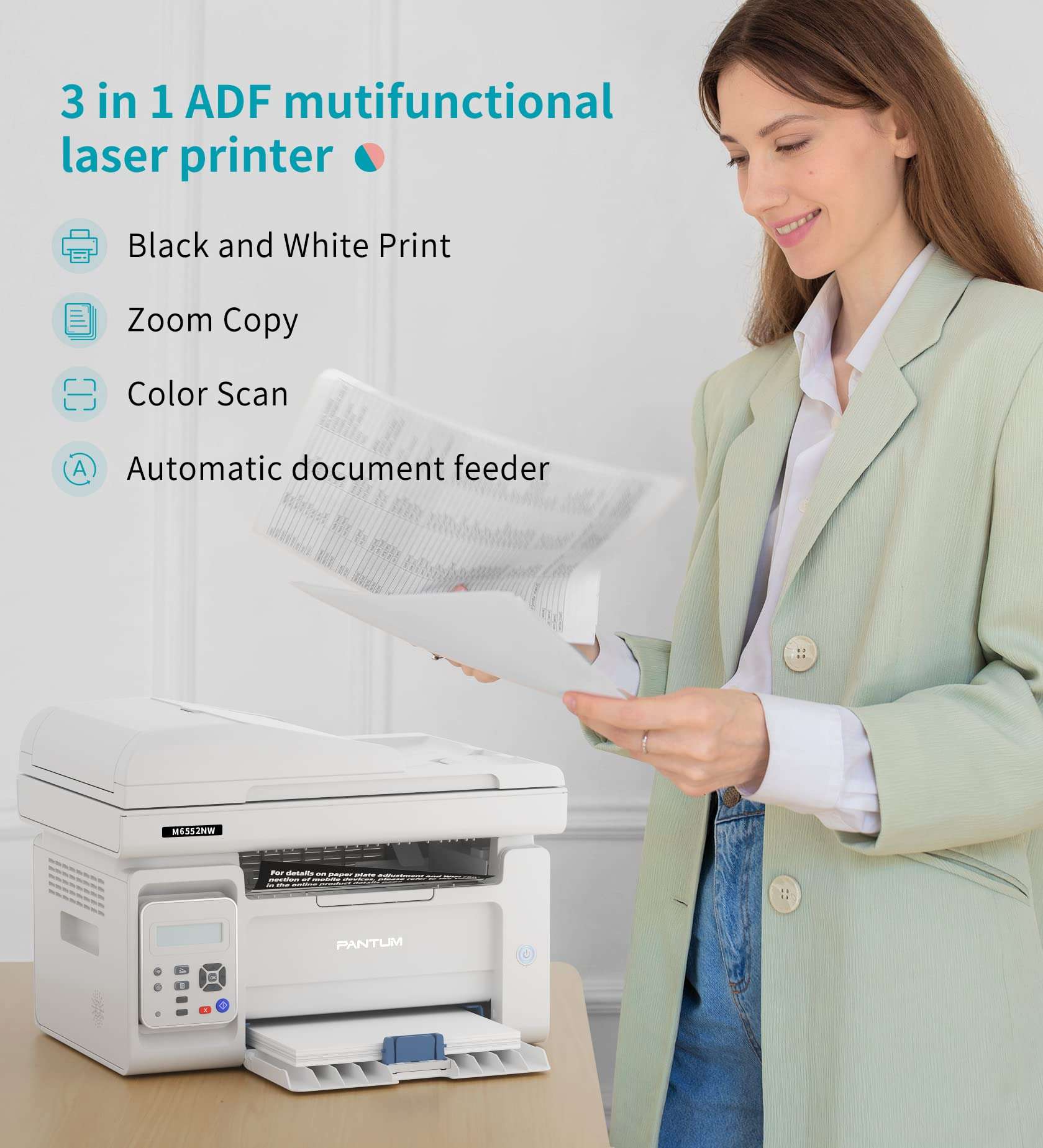 PANTUM All in One Laser Printer Scanner Copier with Auto Document Feeder, Wireless Multifunction Black and White Laser Printer, M6552NW(W4G61A) White with PB-211 Toner 3