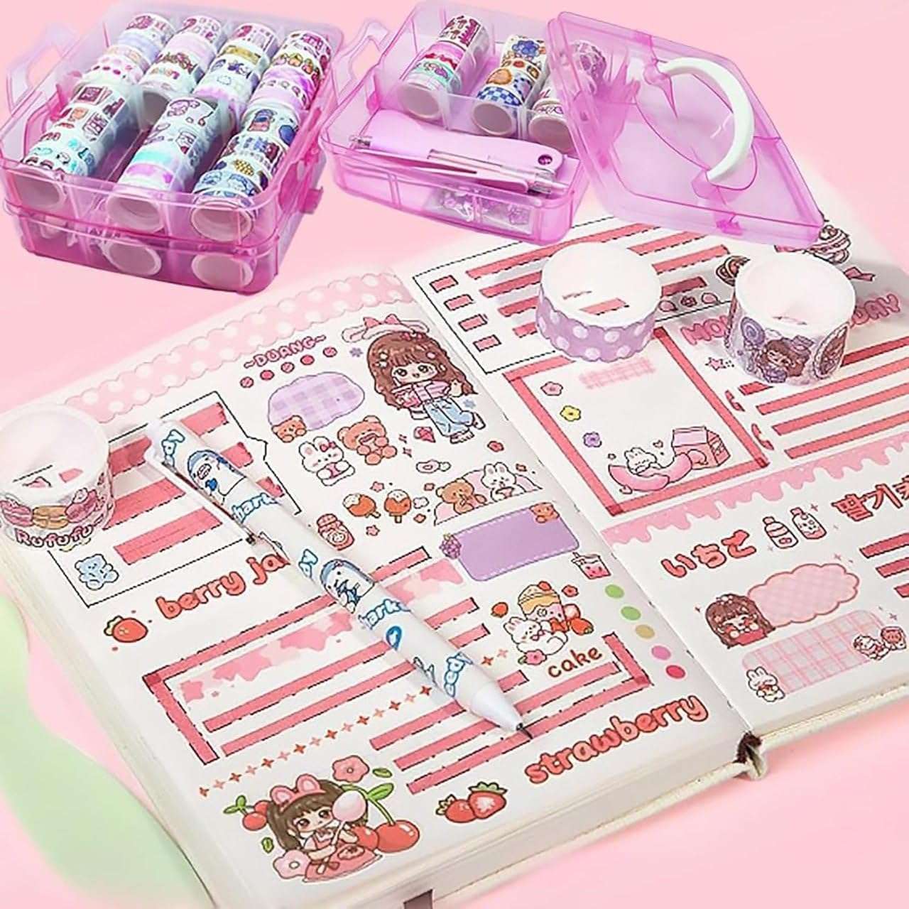 Washi Tape Set (100 Pcs) with 20 Kawaii Stickers, Tweezers, Pen & Spatula | Decorative Masking Tapes in 3-Layer Storage Box for DIY Crafts, Journaling, Scrapbooking & Bullet Planner (purple) 6
