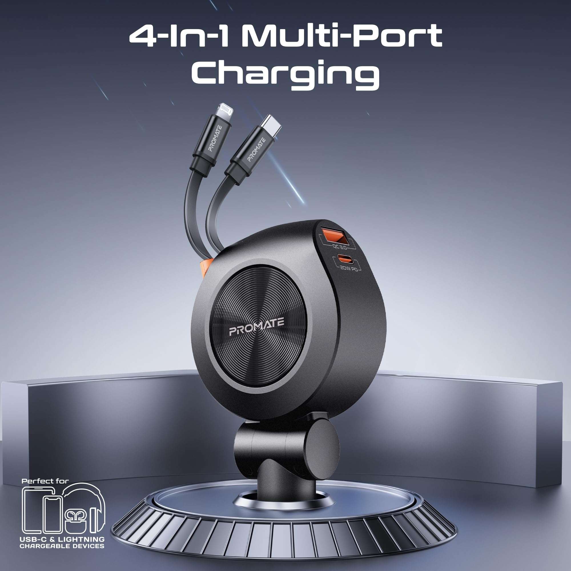 Promate Multi-Port Car Smartphone Charger With Retractable PD30W USB-C&PD20W Lightning Cables,20W USB-C,18W Quick Charge Ports,Heat Resistance,Surge Protection,180° Rotatable Body DesignÂ–Drivegear-R2 3