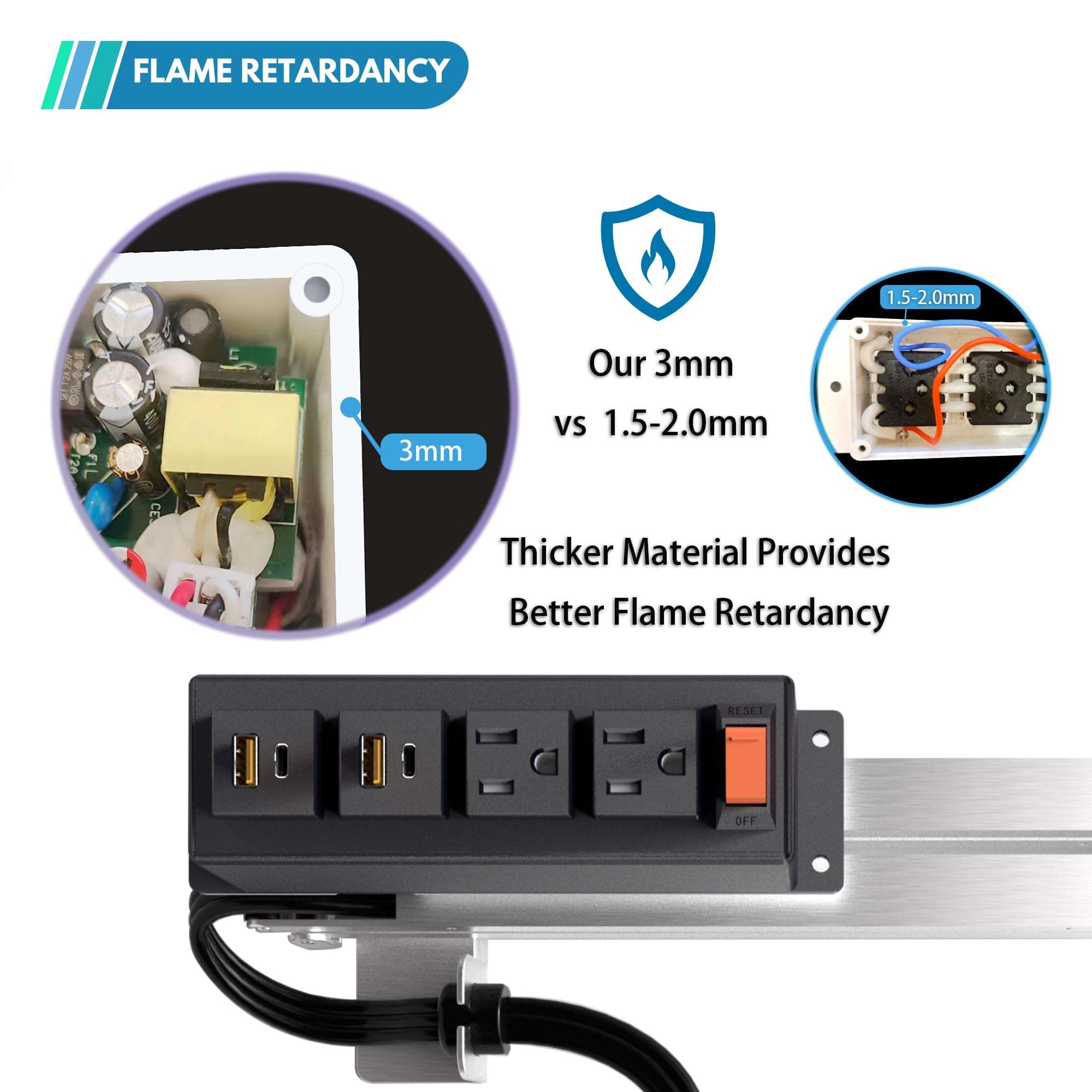 Drawer Outlet Kit with PD 20W USB-C Charging Station(2), AC(TR)(15Amp) Outlets(2), (14 AWG) Power Cable, Aluminum Cord Management Arm for Wide Drawer Bathroom Kitchen Bedroom Offices Cabinets(Black) 6
