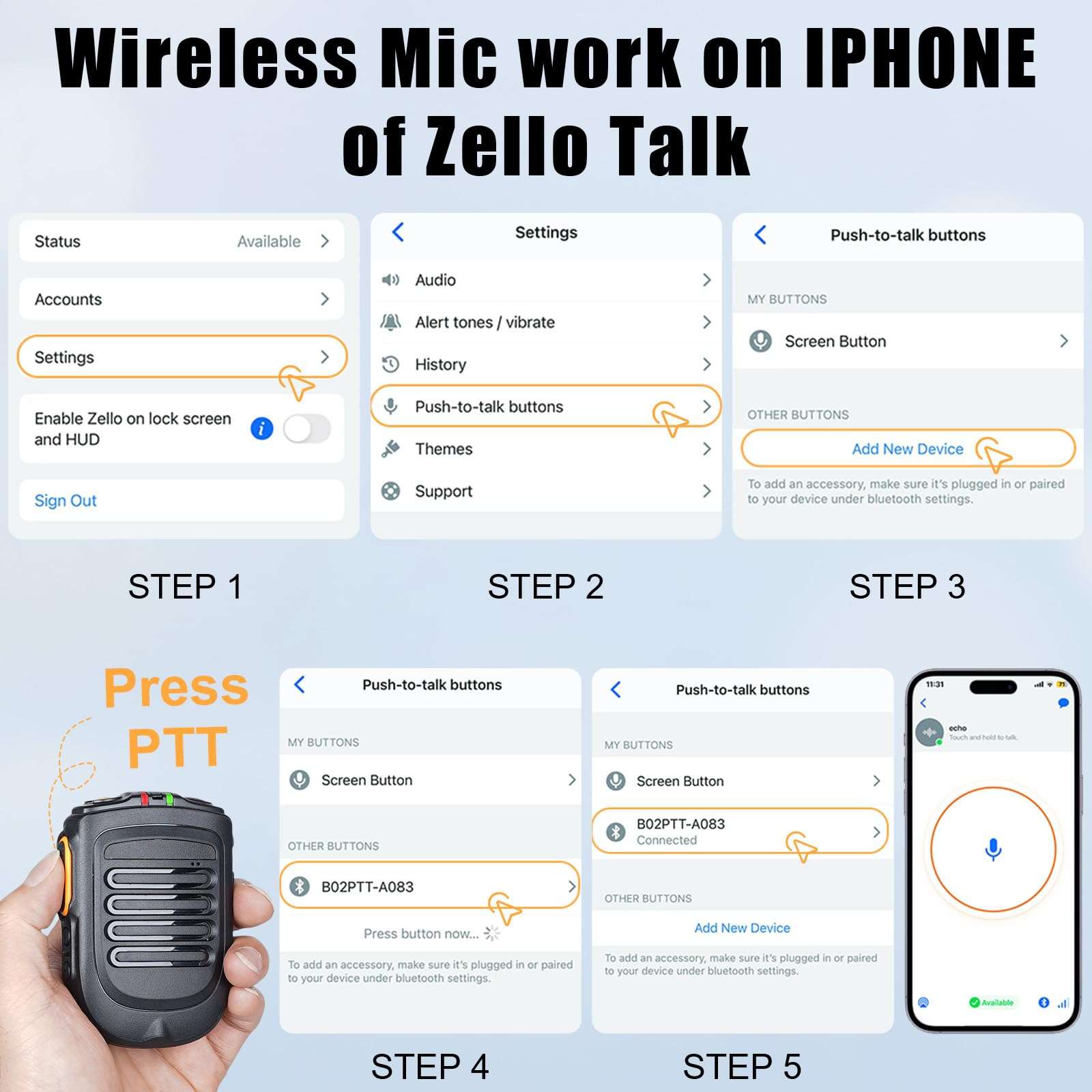 RUXIRAMO Wireless PTT Microphone iOS Version Bluetooth for Zello ptt Button Mic Speaker for iOS and Android Phone 6