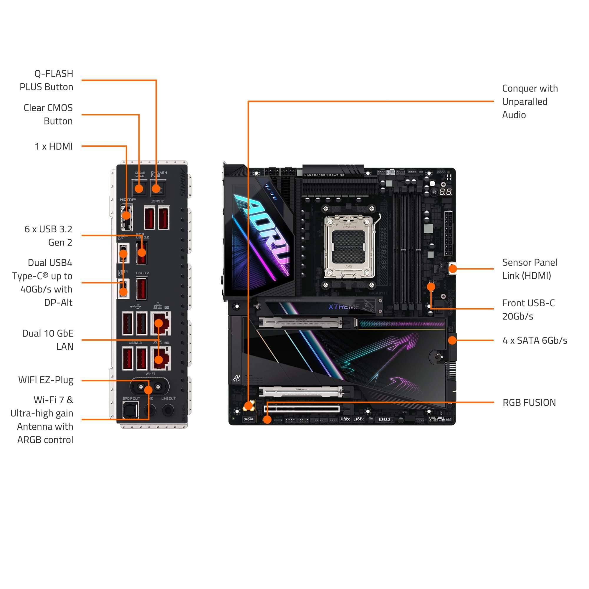 GIGABYTE X870E AORUS Xtreme AI TOP AMD AM5 LGA 1718 Motherboard, E-ATX, DDR5, 4X M.2, PCIe 5.0, USB4, WIFI7, 10GbE LAN, EZ-Latch, 5-Year Warranty 5
