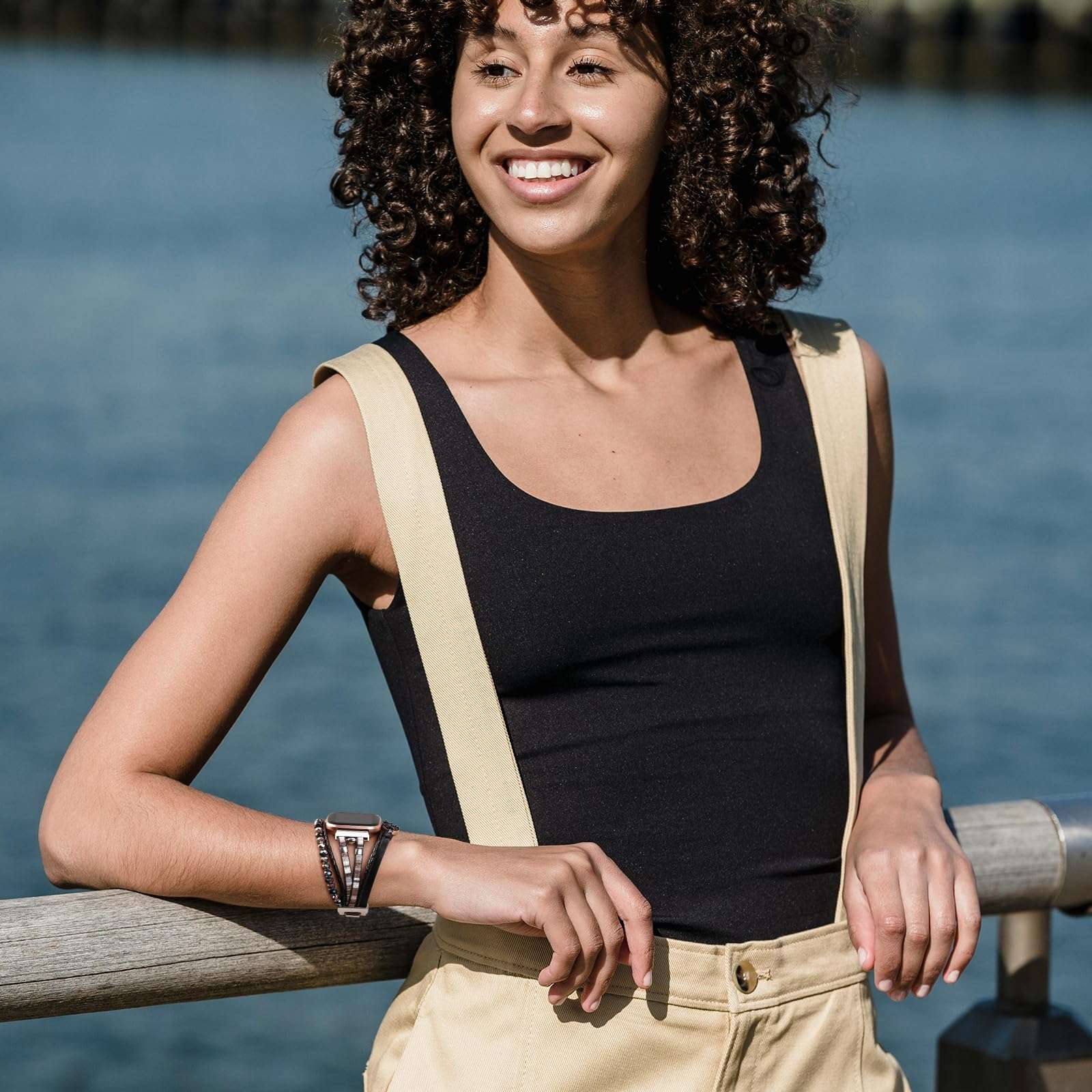 HARAVAL Leather Beaded Bracelet Compatible with Apple Watch Band 42mm 44mm 45mm 46mm 49mm Women Men, Handmade Boho Jewelry Fashion Cute Multilayer Wrap Watch Strap for iWatch Band SE Ultra 2 Series 10 9 8 7 6 5 4 3 2 1 - Black 5