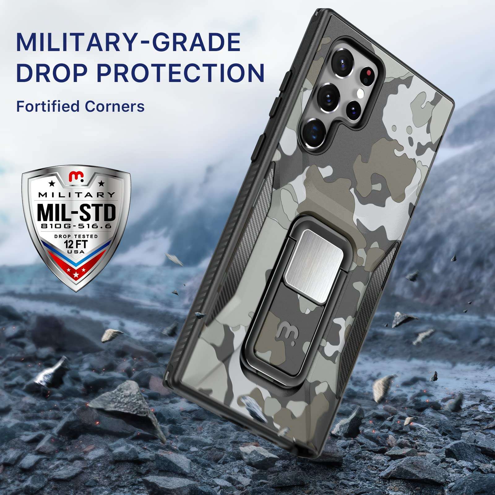 MYBAT Pro Shockproof Stealth Series with Stand Phone Case for Samsung Galaxy S22 Ultra 6.8 inch, Support Magnetic Car Mount, Heavy Duty Military Grade Drop Protective Case with Kickstand - Black Camo 5